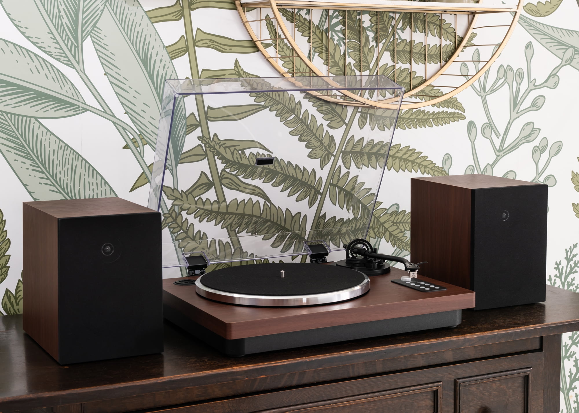 iLive 3-Speed Bluetooth Turntable System with Wired Stereo Speakers (Dark Walnut, 18 x 15.21 x 5 in) hh14g