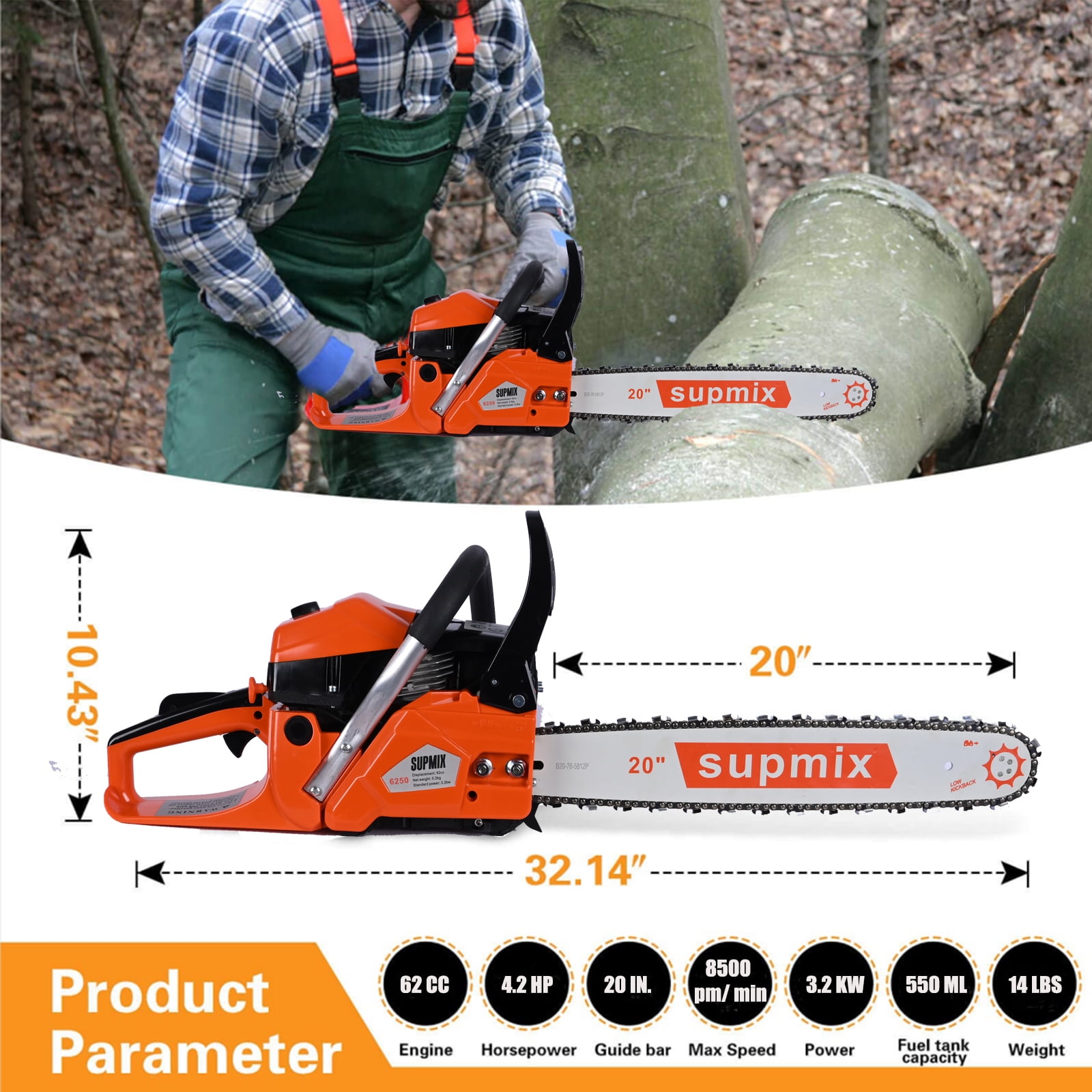 Supmix 62cc Gas Chainsaw, 20 in Professional Wood Cutting Power Saw (Red, 20 in) bjjox