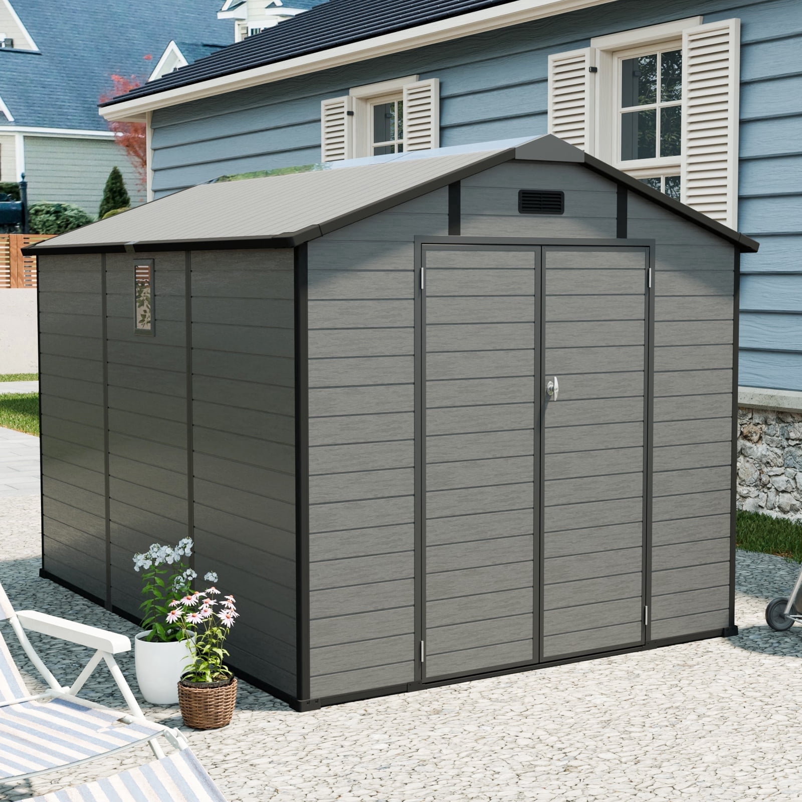 HomeMindful Large Outdoor Storage Shed, Weather-Resistant Resin Tool Shed with Floor, Skylight, and Lockable Double Doors (Dark Gray, 8x10 ft) px7hx