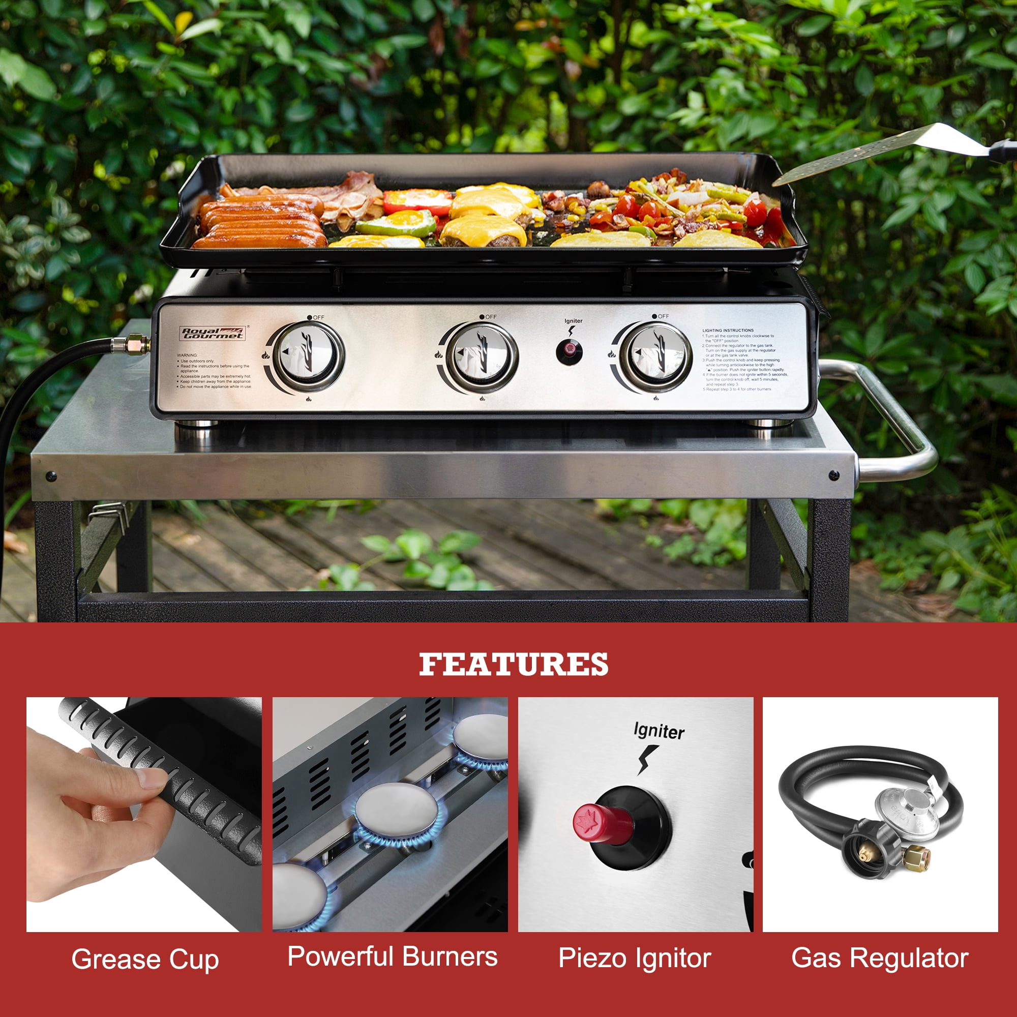 Royal Gourmet PD2301S 24 in 3-Burner Portable Gas Griddle with Hard Cover (Silver, 319 sq in) h304a