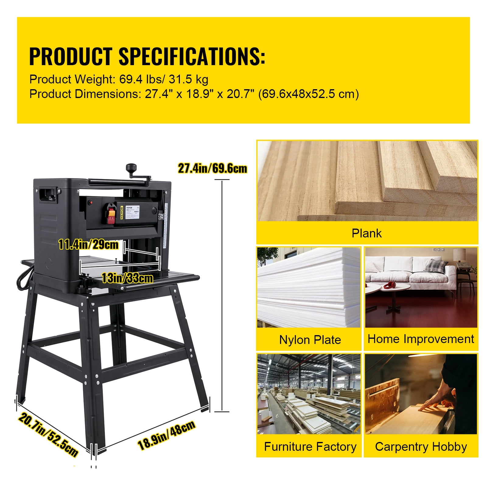BENTISM 13 in. Woodworking Thickness Planer with Stand and Dust Exhaust (13 in.) vik7m