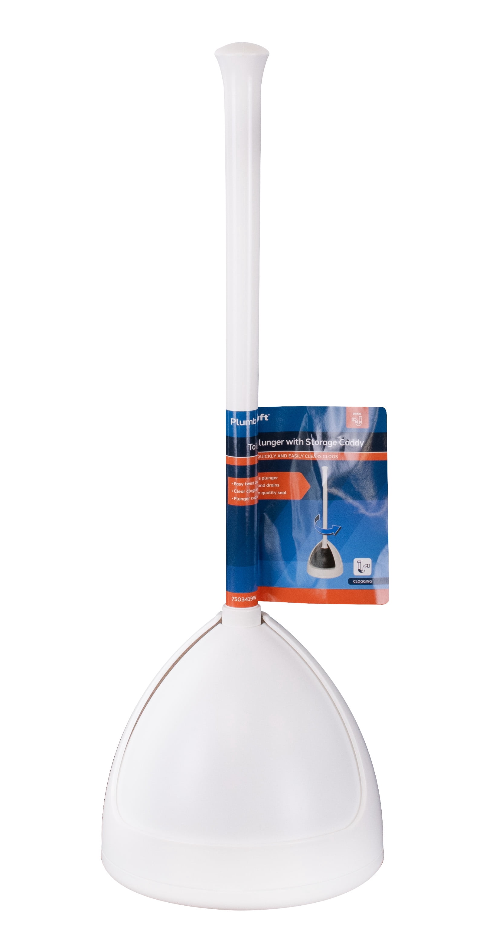 PlumbCraft Toilet Plunger and Drain Unclogger with Twist Caddy Storage Holder (White, 1 Pack) y01hn