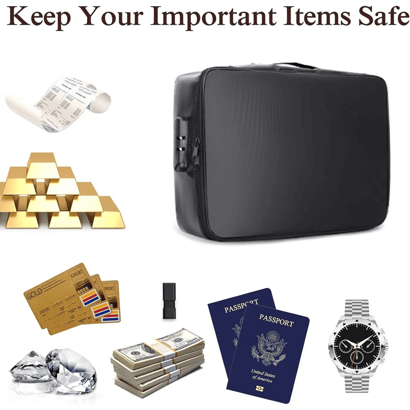ANUNU Fireproof Document Bag with Combination Lock, Water Resistant Money Organizer for Files, Passports, and Valuables (Black, 14.2 in x 10.6 in x 4 in) i9fjo