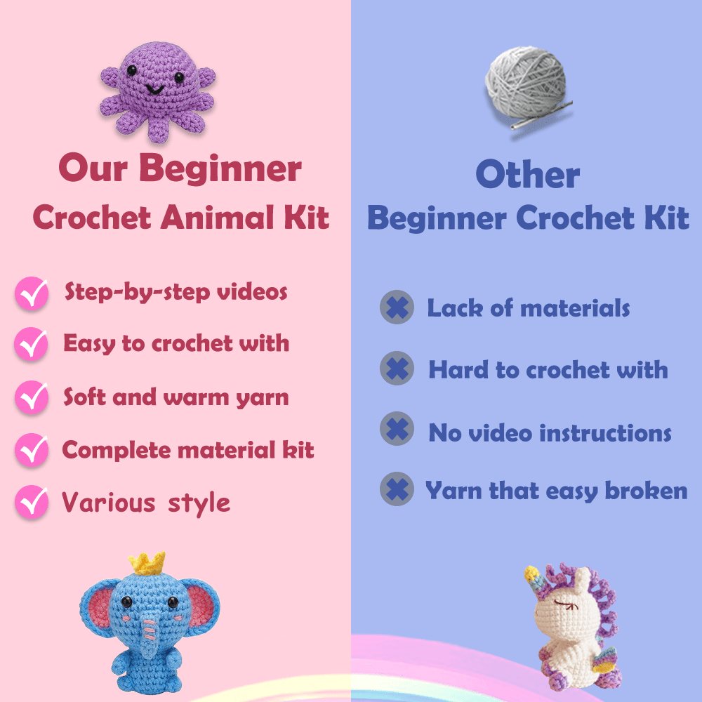 Yarniss Beginner Crochet Kit, DIY Animal Craft Set for Unicorn, Octopus, and Elephant (Multi-Color, 1 Pack) 1j3ni