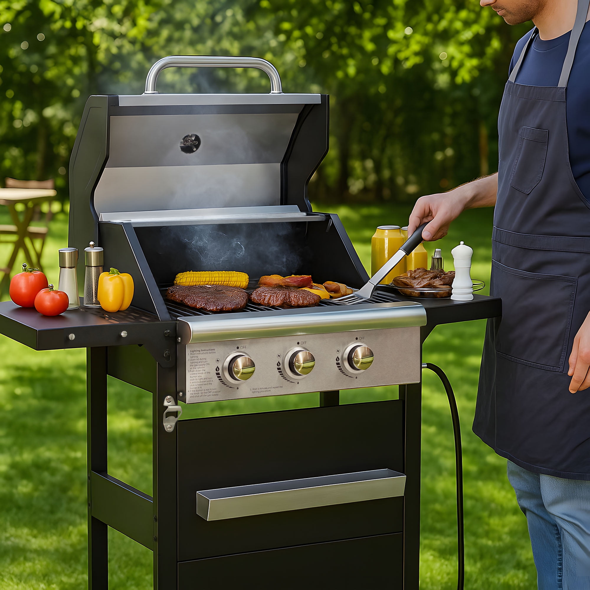 YIORTWO 3 Burner Propane Gas Grill with Cover, Outdoor BBQ with Stainless Steel Lid and Storage Cabinet (Black, 27,000 BTU) 60l9b