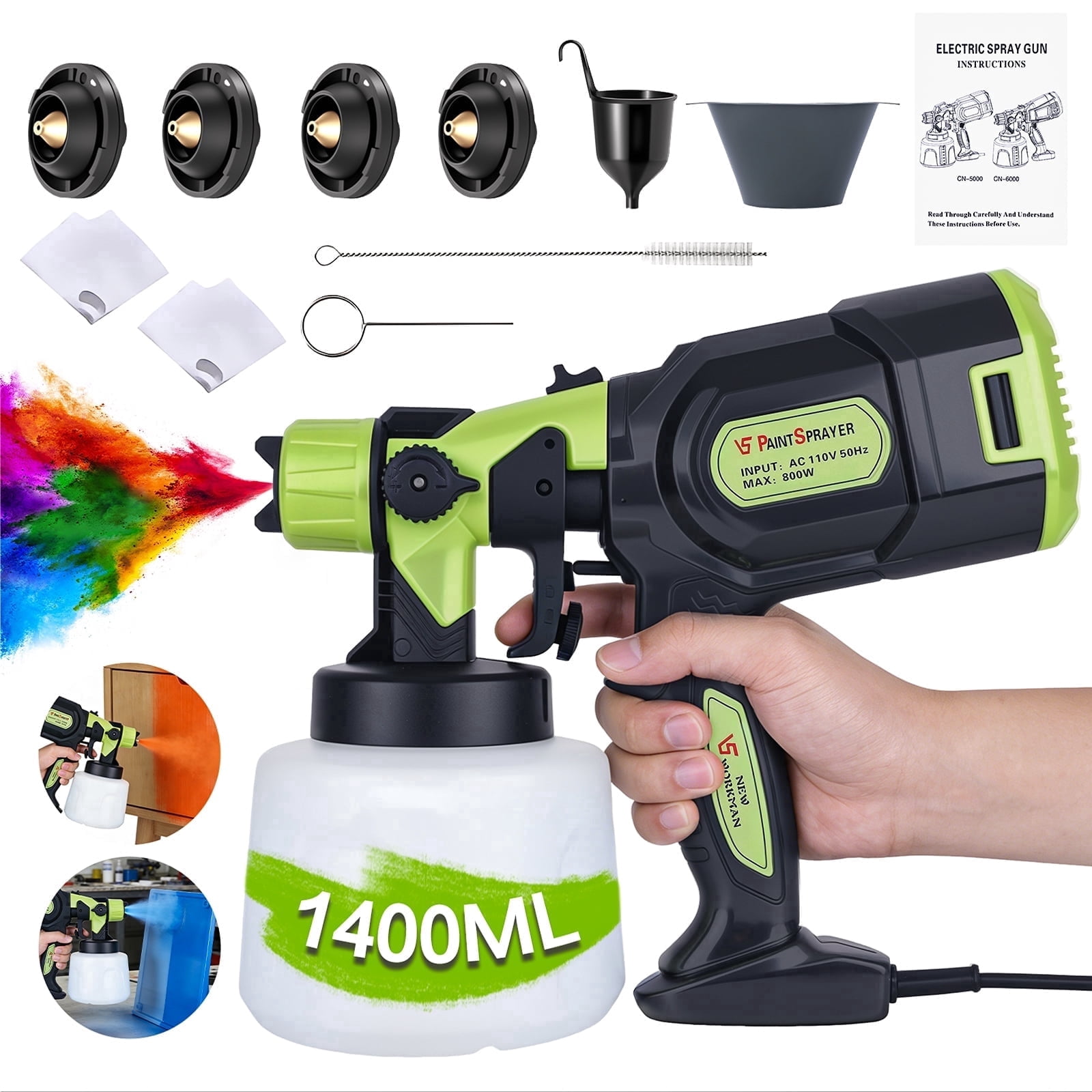 FOUKUS Electric HVLP Paint Sprayer Gun, High-Pressure Handheld Sprayer for Furniture and Walls (Green, 47.34 fl oz) 4jsbi