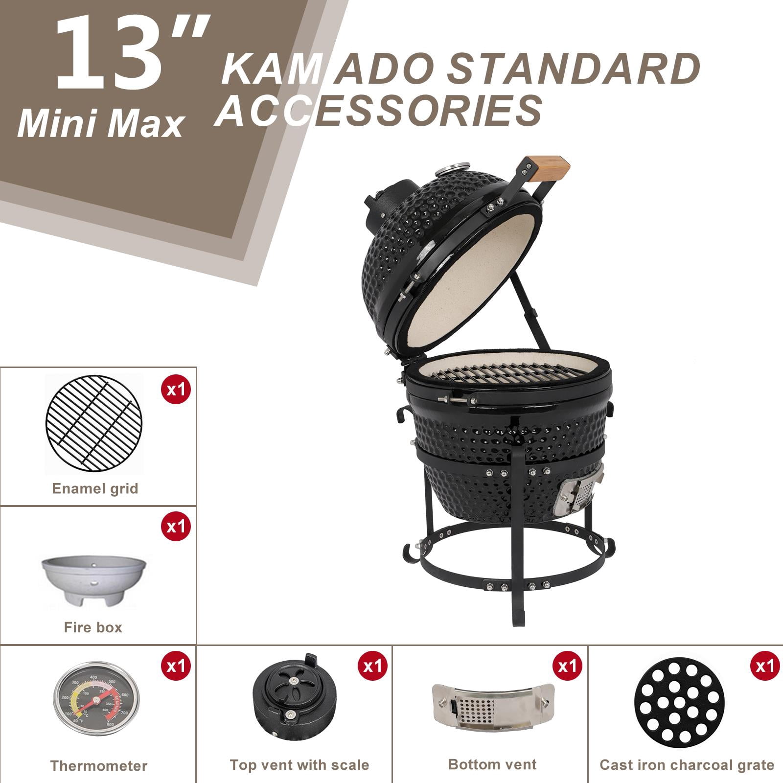 Zimtown Charcoal BBQ Grill, Ceramic Heat-Insulated Outdoor Cooking Station (Black, 13 in) 2p3uw