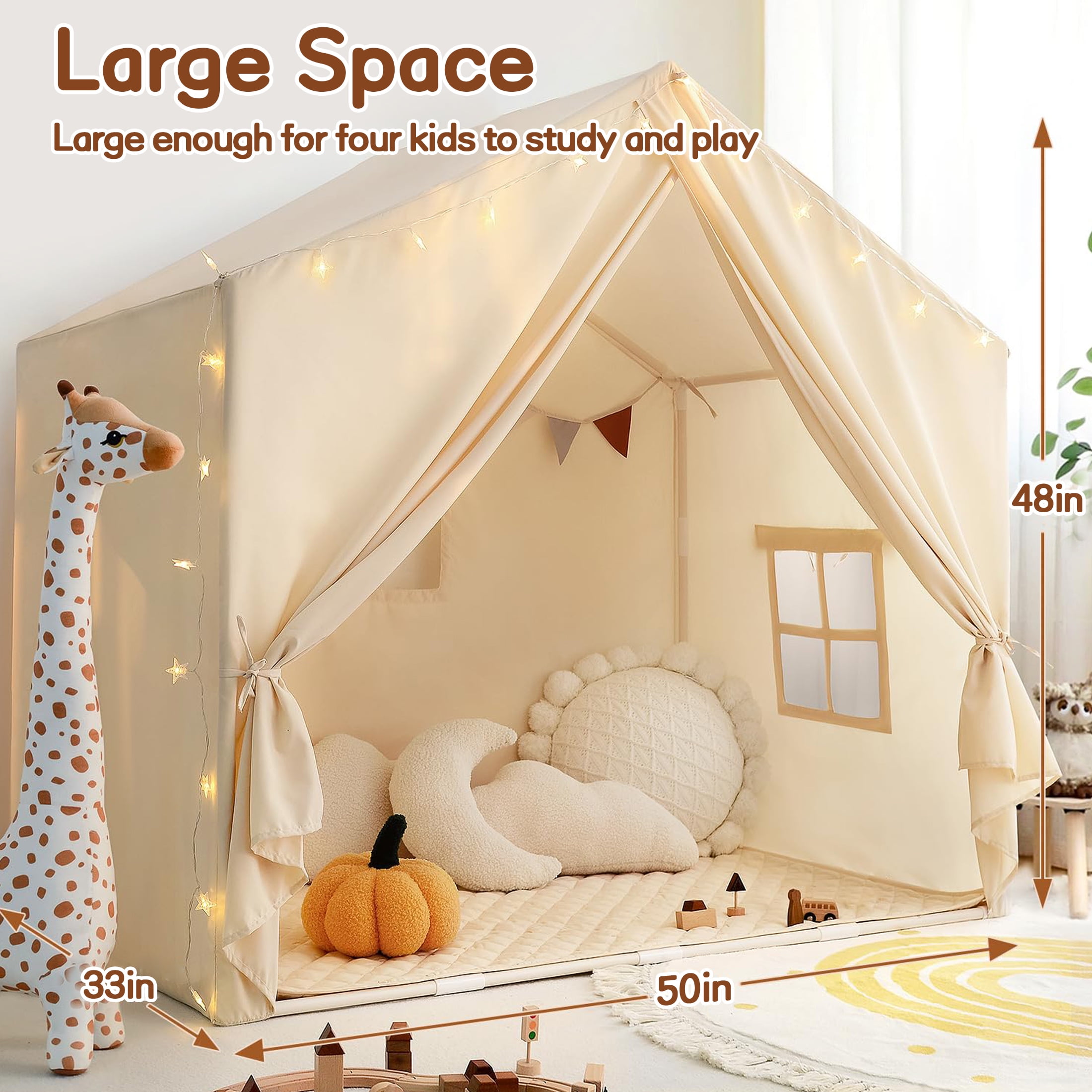KOPPOP Toddler Playhouse Indoor Outdoor Play Tent with Star Lights (Beige, 50 in x 33 in x 48 in) ocetu