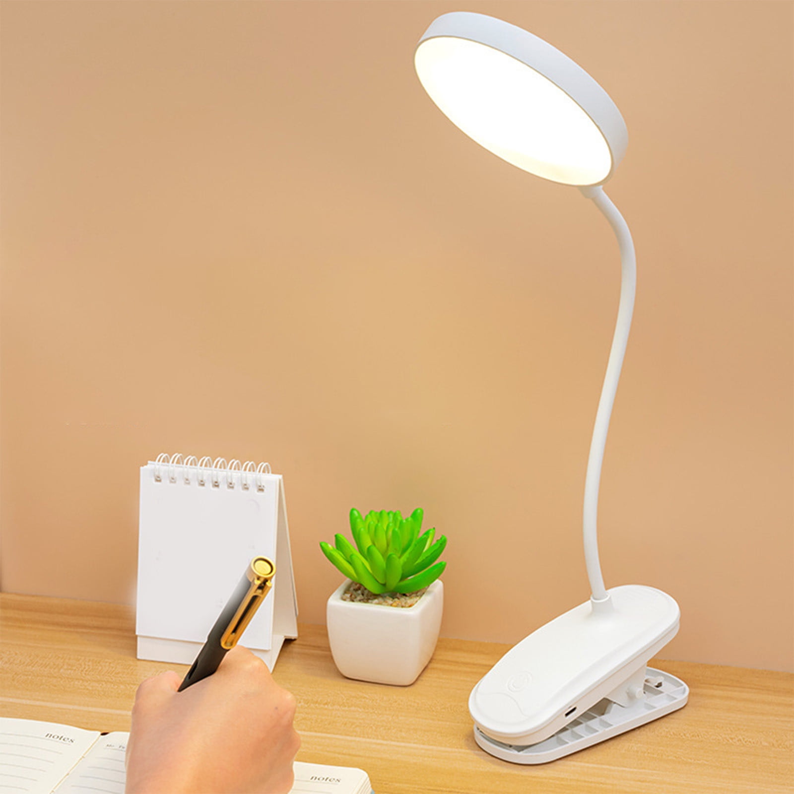 Yyuenw LED Desk Lamp Clip-On Reading Light, USB Rechargeable Eye-Caring Lamp with 3 Color Modes and Stepless Dimming (White, 2.3 in Clamp) ajpf9