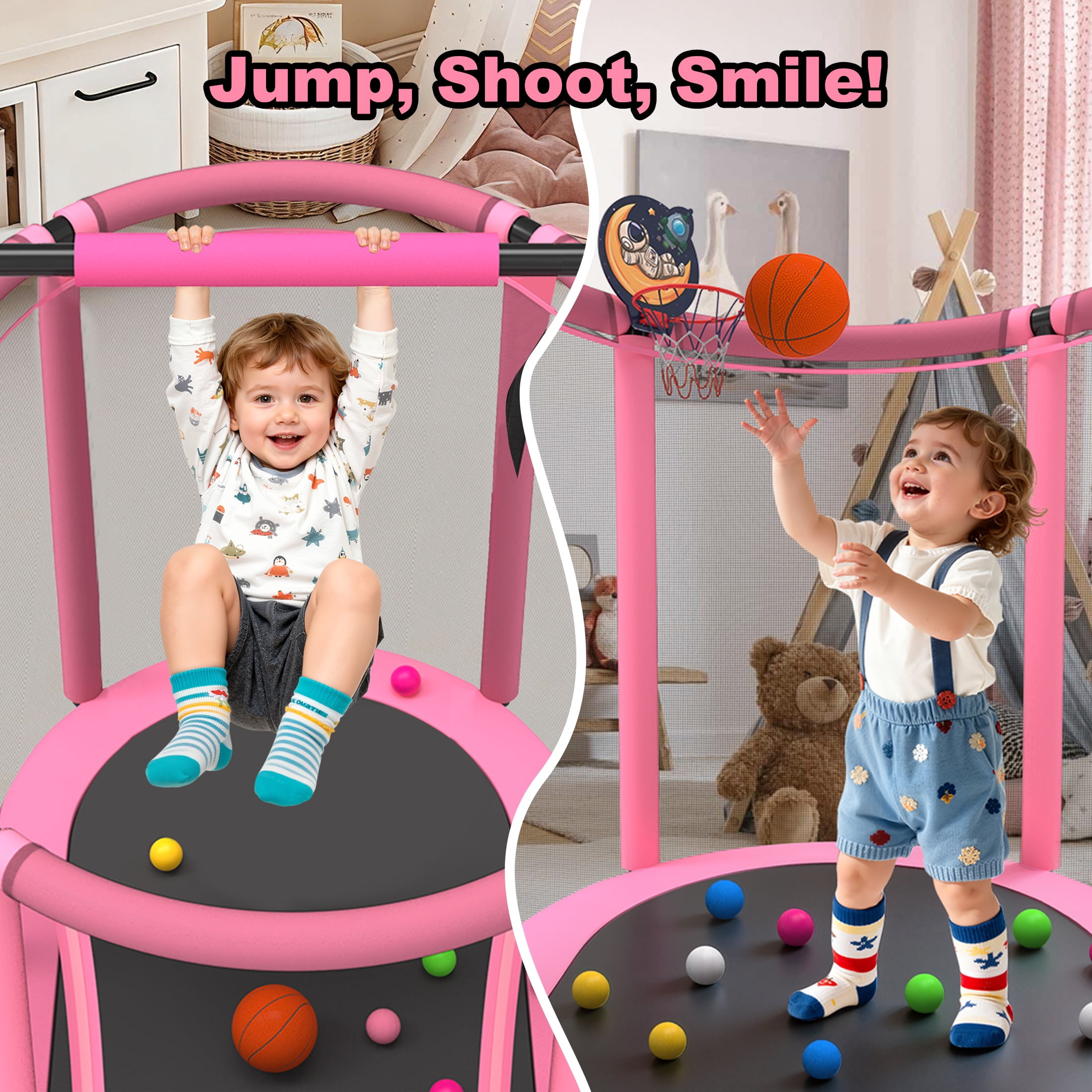 SHINPT 60 in Kids Trampoline with Enclosure Net, Basketball Hoop, and Gymnastic Bar (Pink, 60 in) n5r0i