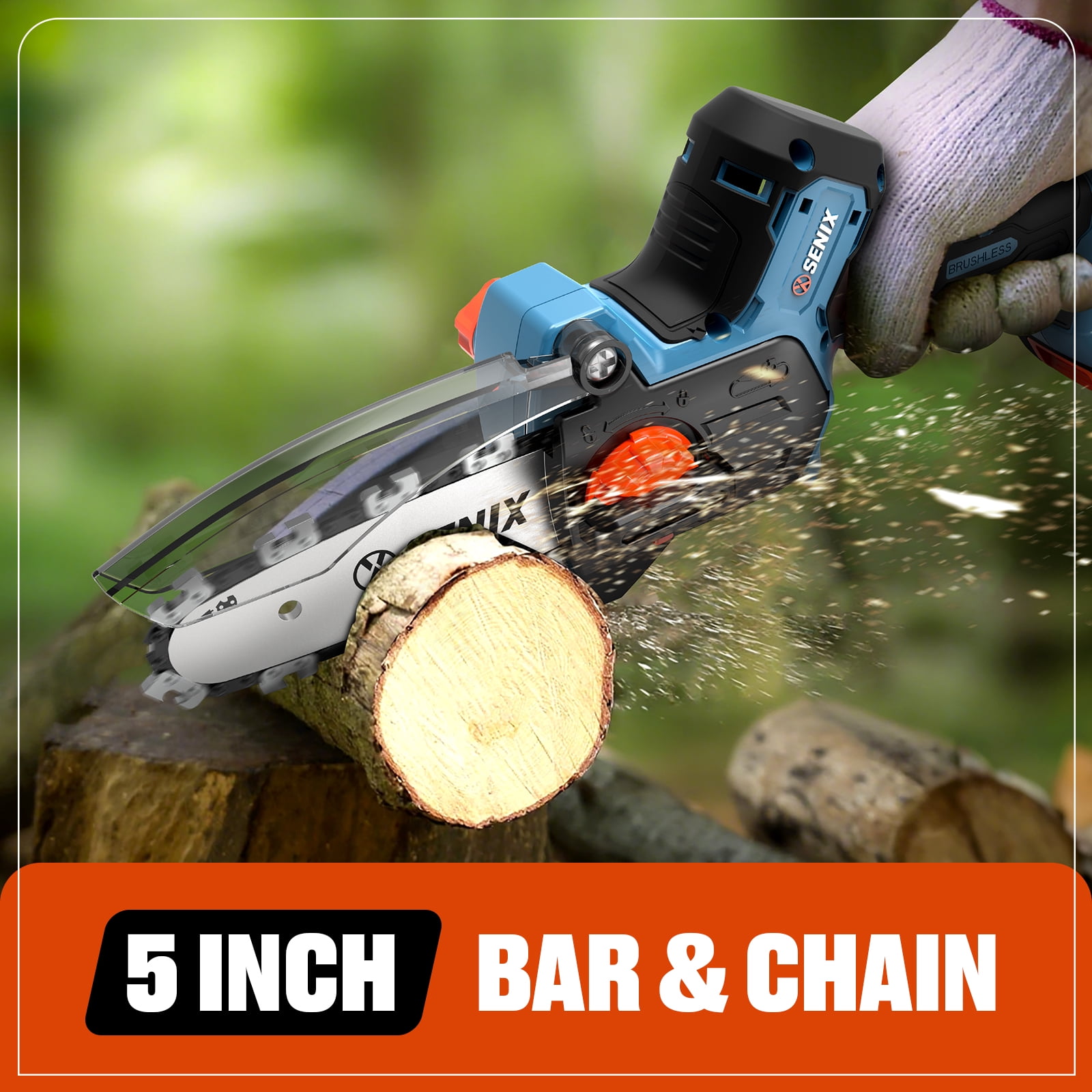 Senix 20V Cordless Mini Chainsaw, High-Efficiency Brushless Motor with 5Ah Battery and Charger (Blue, 5 in) qo9ur