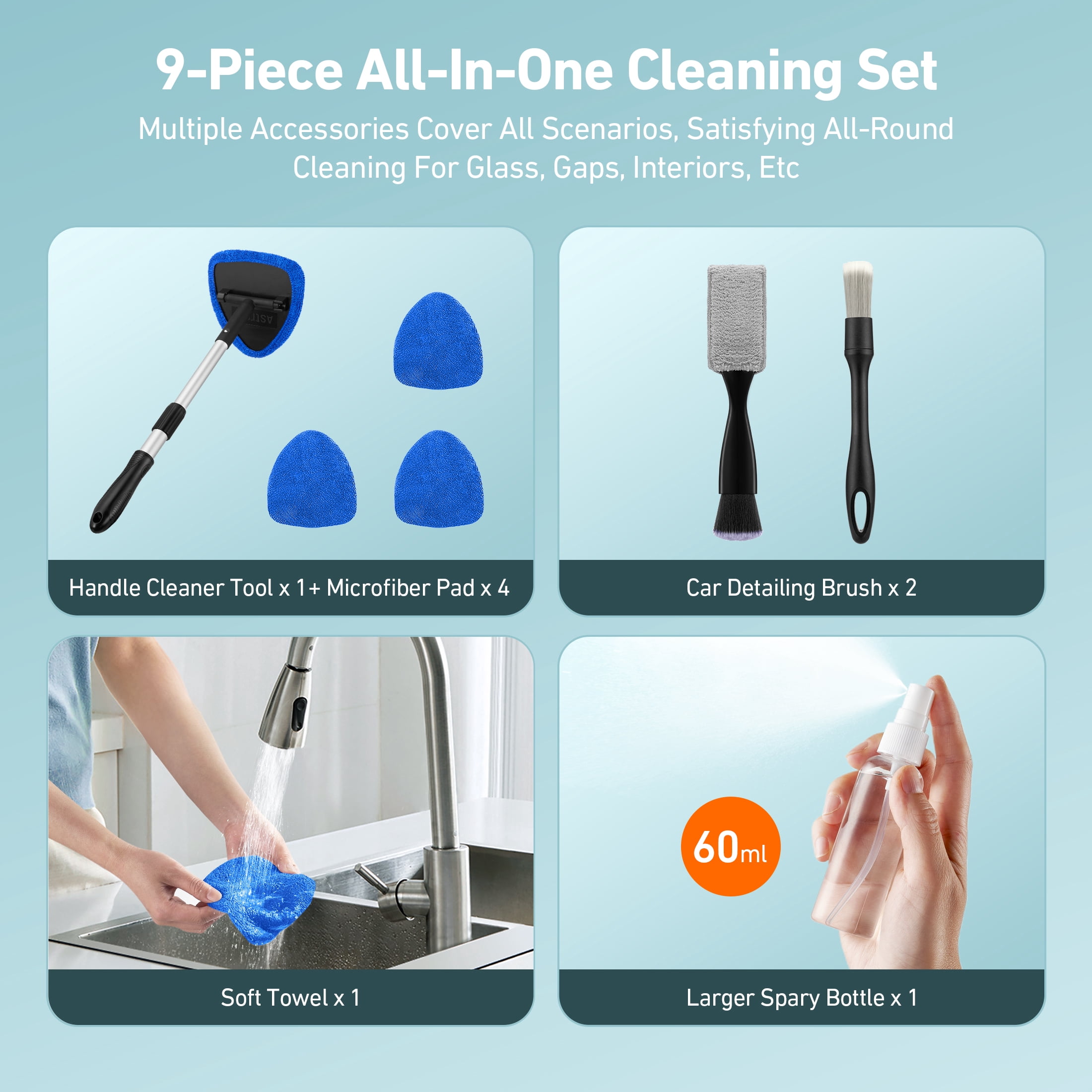 AstroAI Car Wash Kit and Detailing Brush Set (Blue, 9-Piece) 5b1nn