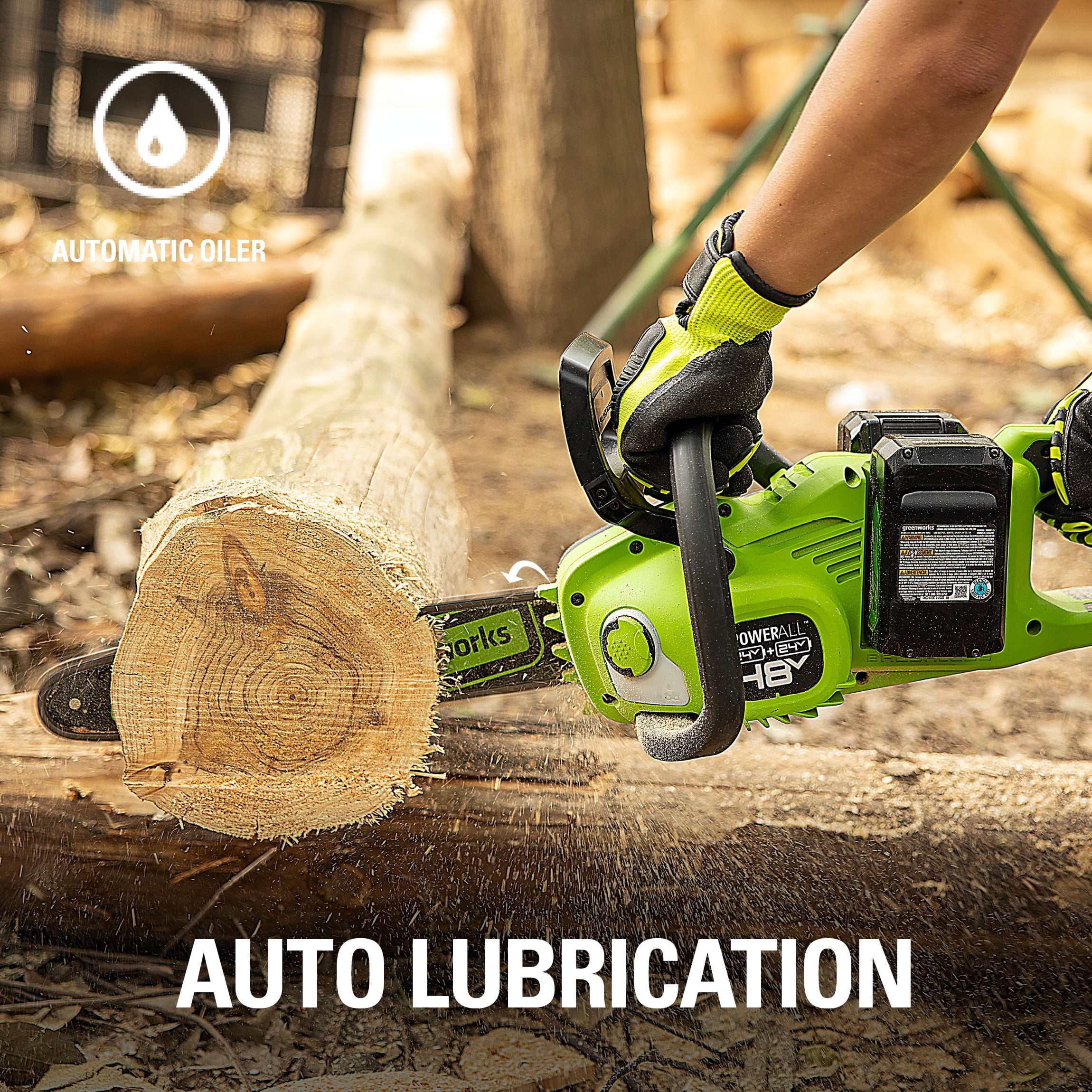 Greenworks 48V Cordless Brushless Chainsaw with (2) 4Ah Batteries and Dual Port Charger (14 in) 8ecq5