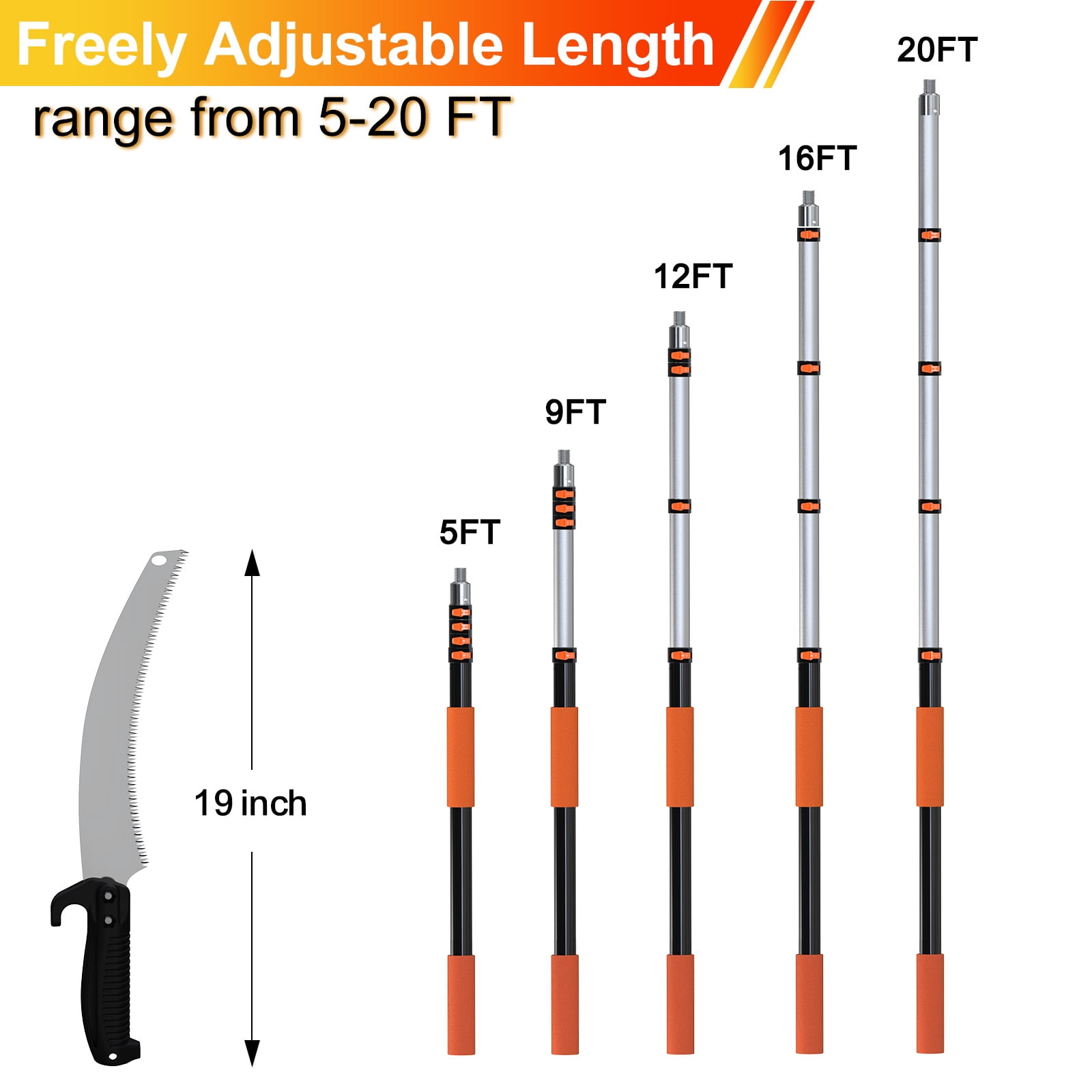 LAANPOLE Telescoping Pole Saw, Manual Tree Trimmer with 26ft Reach Extension Pole (Orange, 26ft) w7ndx
