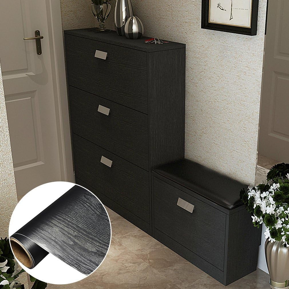 Abyssaly Peel and Stick Wood Grain Wallpaper, Waterproof Vinyl Contact Paper for Furniture and Countertops (Black, 17.7 in x 236 in) ikcld