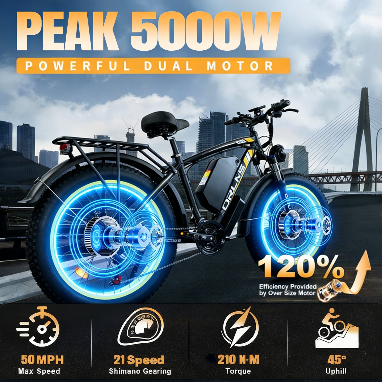 SMLRO Electric Mountain Bike, 5000W Dual-Motor AWD E-Bike, 26 in Fat Tire Off-Road Bicycle (Blue, 60V 25AH) upwri