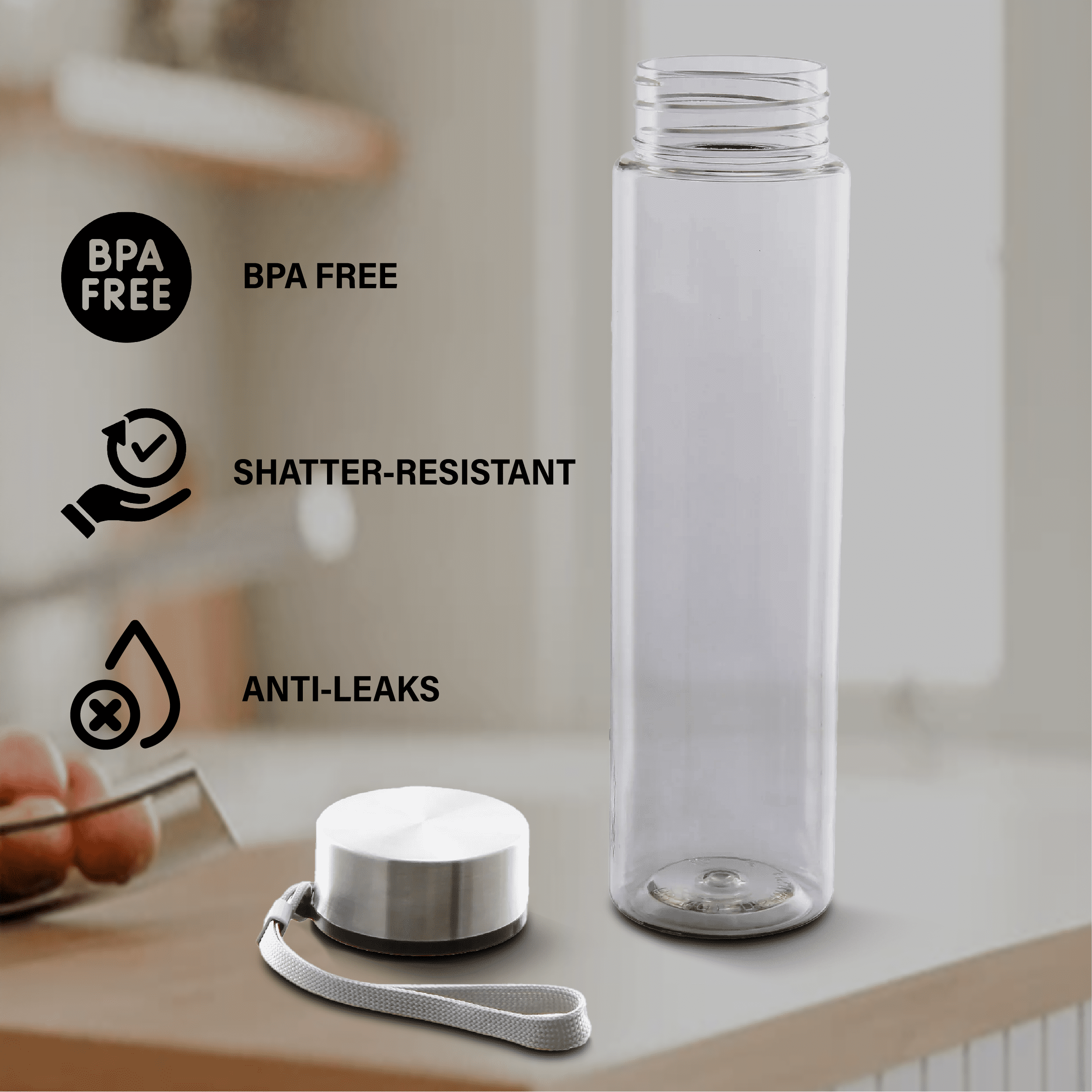 Mainstays Durable Plastic Water Container with Stainless Steel Screw Cap and Carry Strap (Clear, 18 oz) fgjok