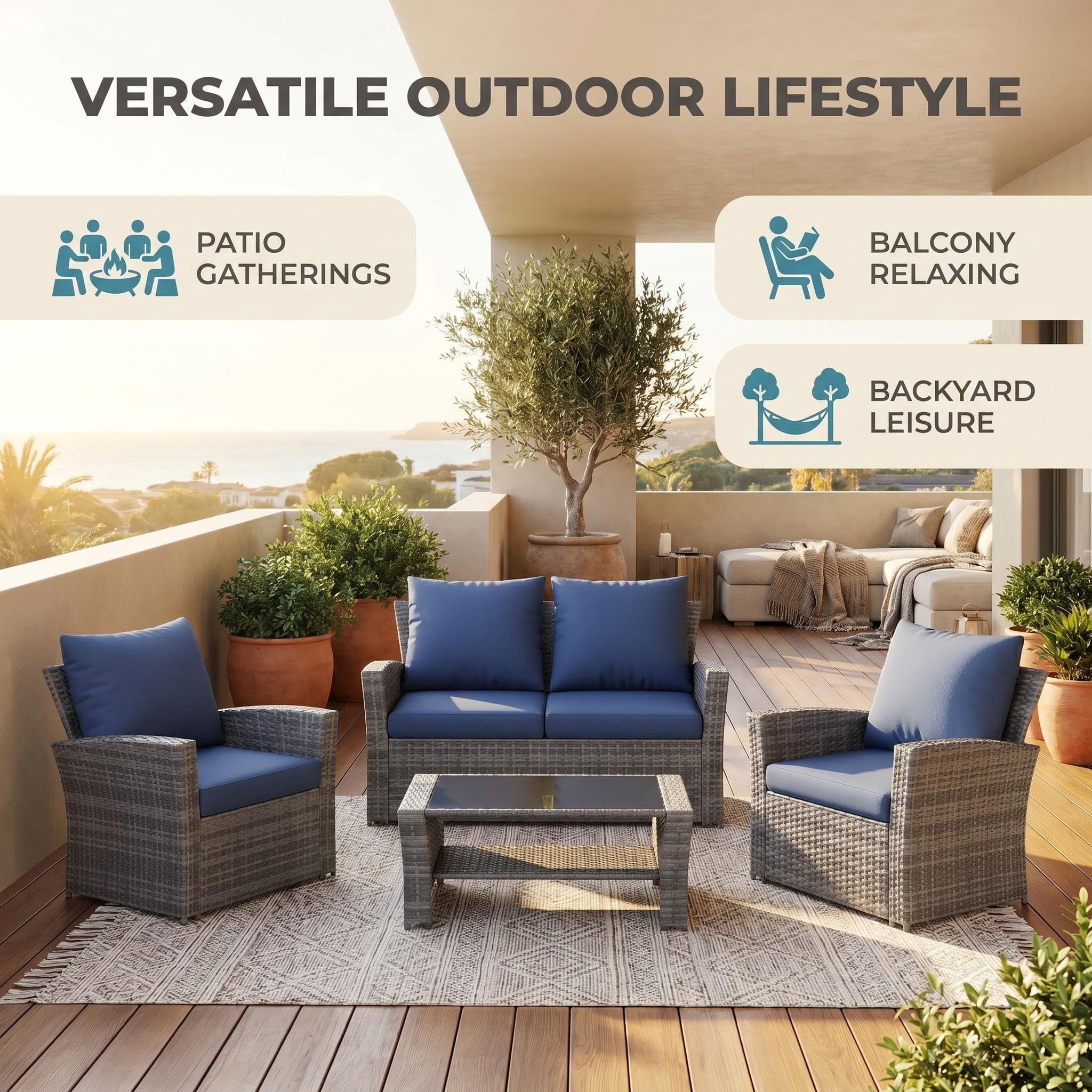 UDPATIO 4-Piece Wicker Patio Furniture Set, Outdoor Conversation Set with Loveseat, 2 Chairs and Glass Coffee Table (Blue, 4-Piece) iwfuv