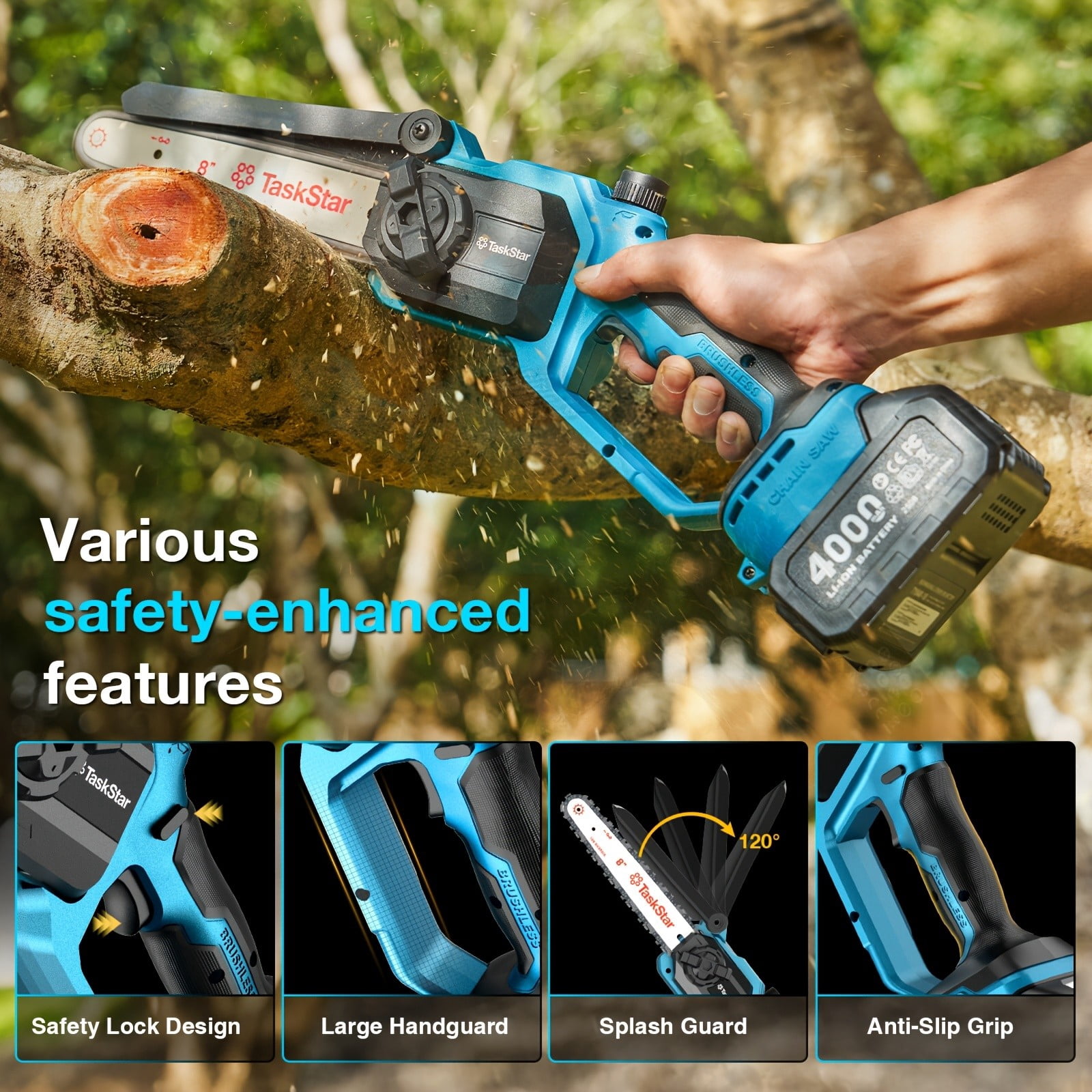 TaskStar 2-in-1 Cordless Pole Saw and Mini Chainsaw, 8 in Electric Handheld Pruning Tool (Blue, 15 ft Reach) j7rzr