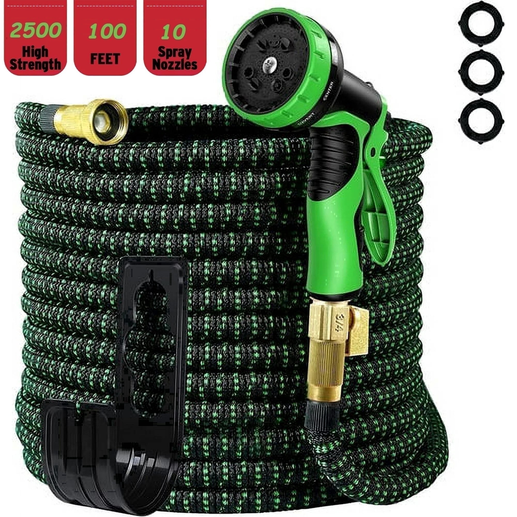 LarmTek Expandable Garden Hose with 10-Pattern Spray Nozzle and Brass Connectors (Green, 100 ft) ot1ce