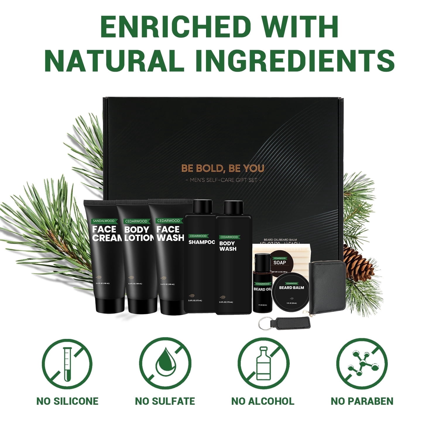 Rinse & Robust Men's Beard Grooming Kit, Cedarwood Scented Spa Gift Set (Black, 10-Piece Set) u9qem