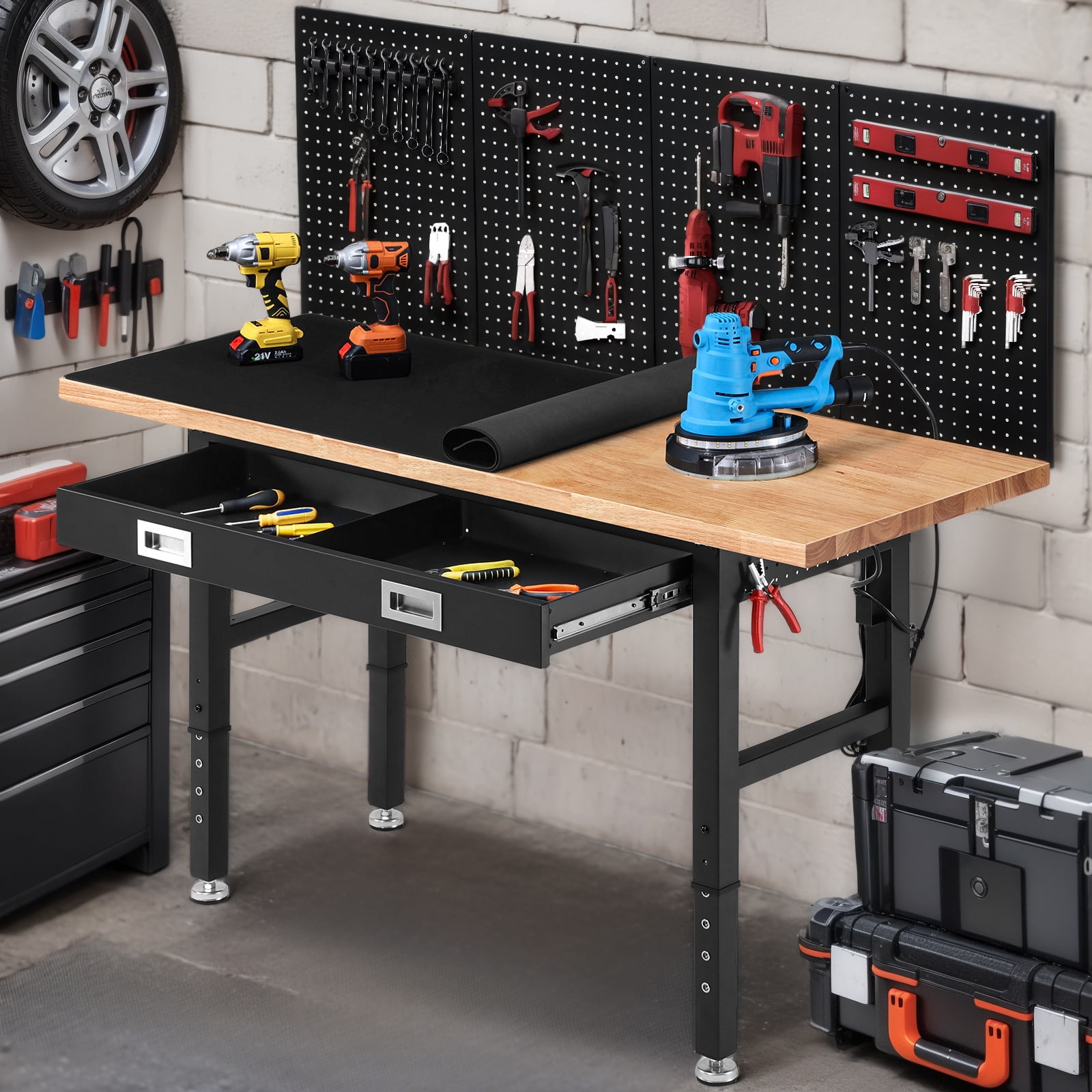 ENJOYWOOD Heavy Duty Garage Workbench with Pegboard and Drawers (Brown, 60 in) a6cz5