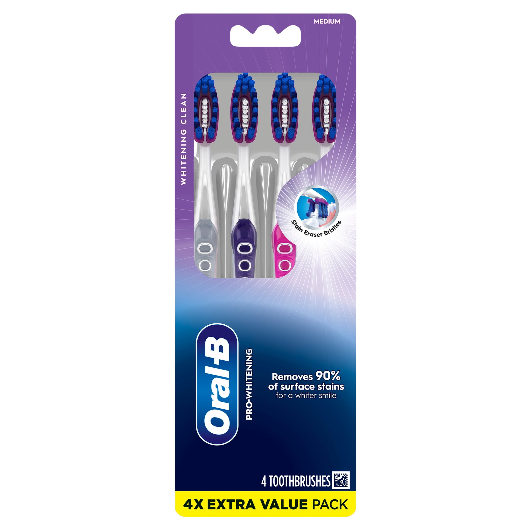 Oral-B Pro-Whitening Manual Toothbrush with Stain Eraser (Medium, 4 Count) 4jv99