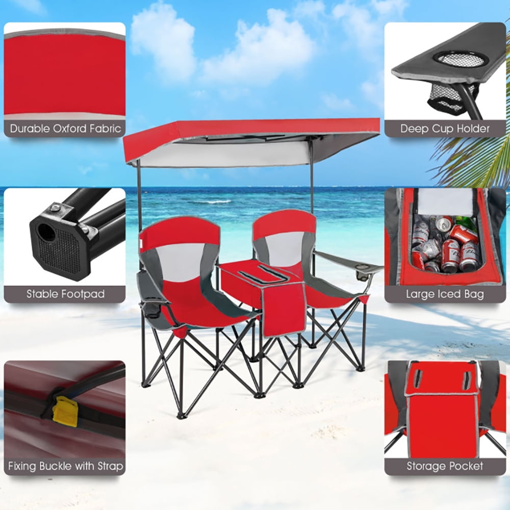 Kadyn Portable Folding Camping Canopy Chair with Cooler Bag and Cup Holders (Red, 265 lb Capacity) 3l5zz