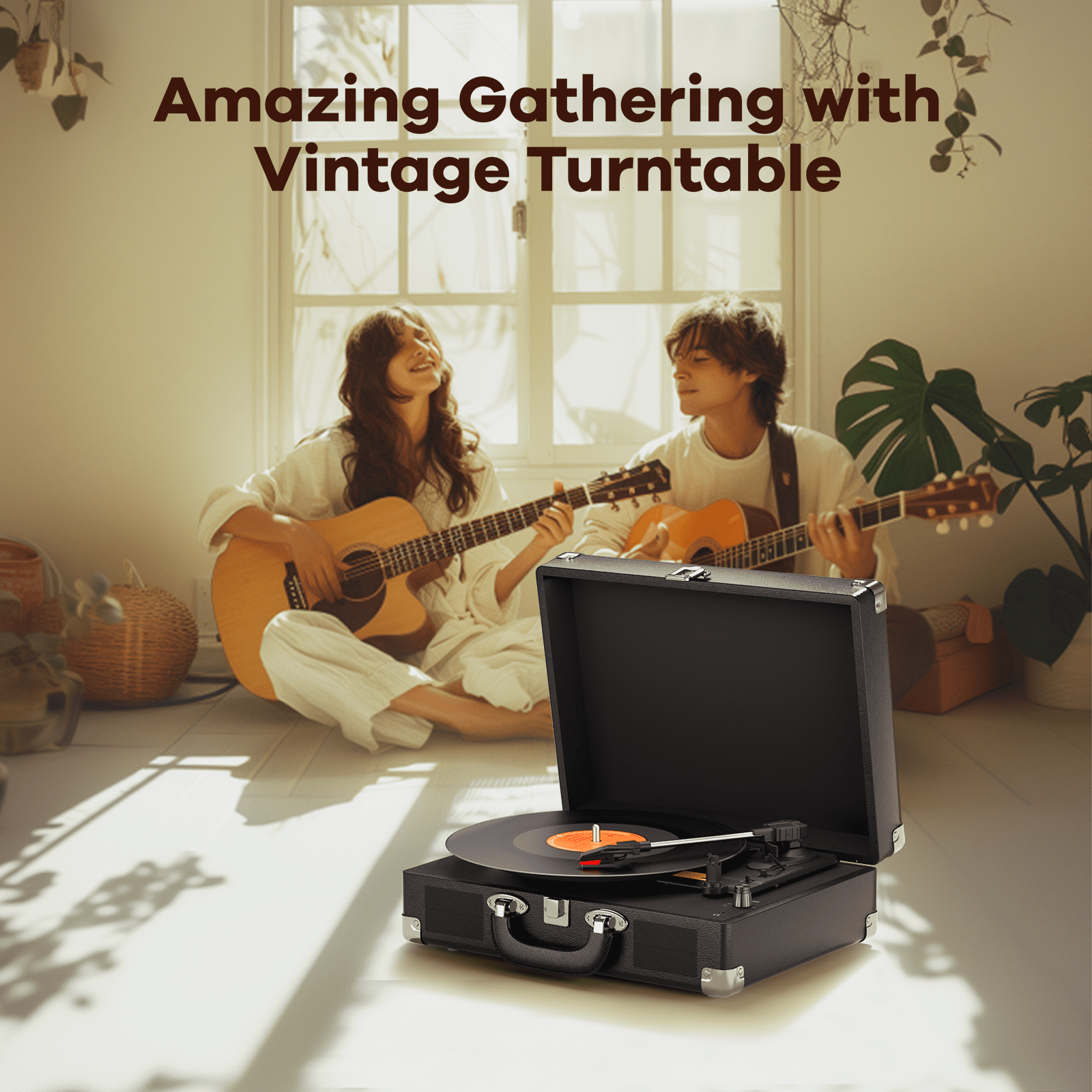 MAIO C200 Vintage Vinyl Record Player, 3-Speed Belt-Driven Turntable with Built-in Stereo Speakers (Black) gxvwc