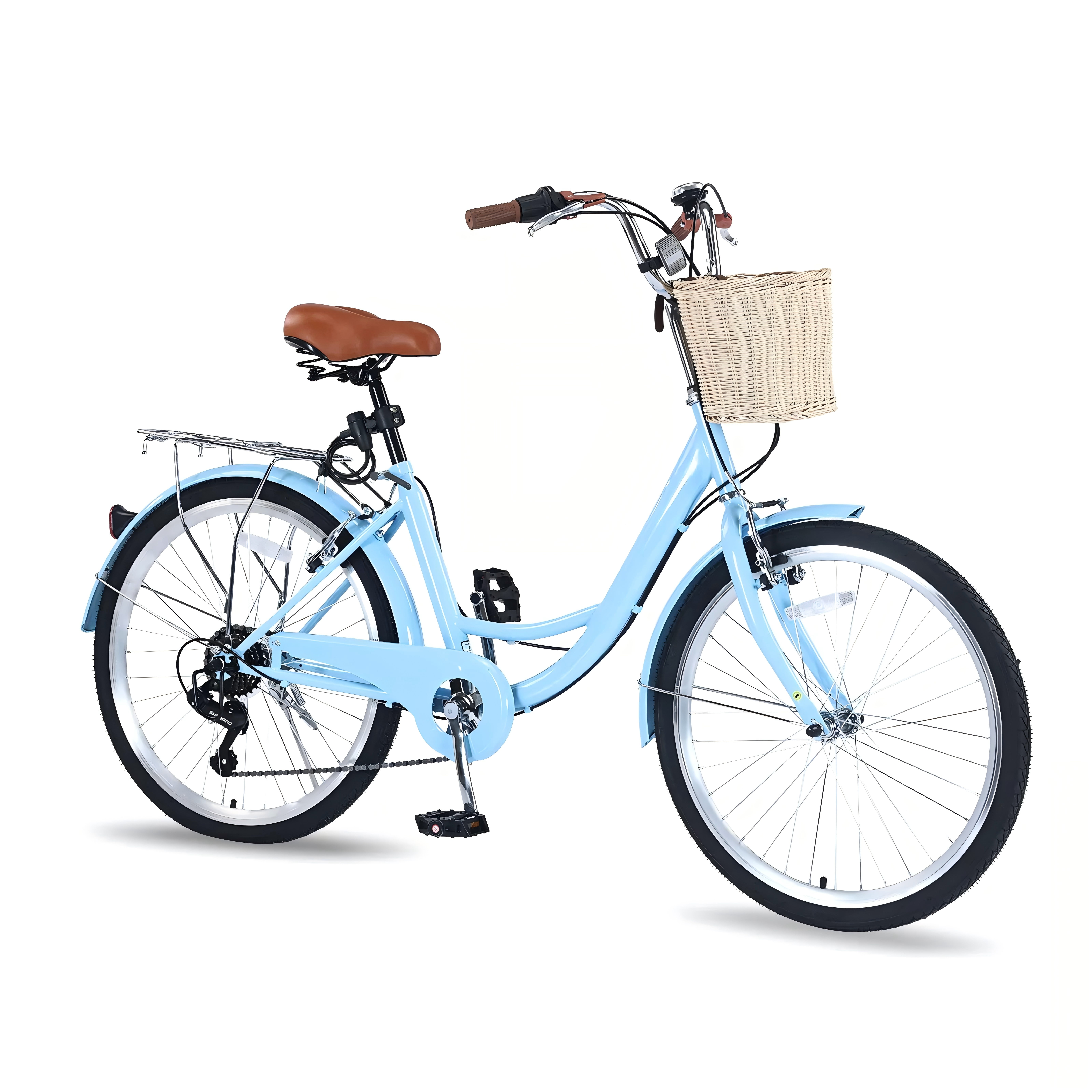 Jacgood 7-Speed Cruiser Bike for Adults, Ergonomic Urban Beach Bicycle with Basket (Light Blue, 26 in) a9l4c