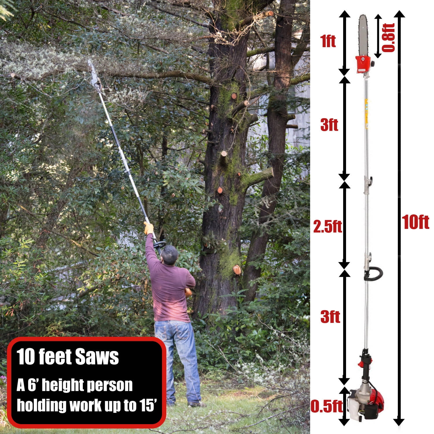 Adnoom 58cc Gas Pole Saw Chainsaw for Tree Trimming, Extendable Branch Cutter with 11.5 in Guide Bar (Red, 10 ft) vujqf
