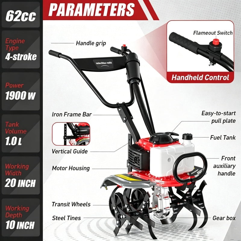 Baotree 62cc 4-Stroke Gasoline Rotary Tiller, Powerful Soil Cultivator for Garden and Lawn Maintenance (20 in Width) mp8e3