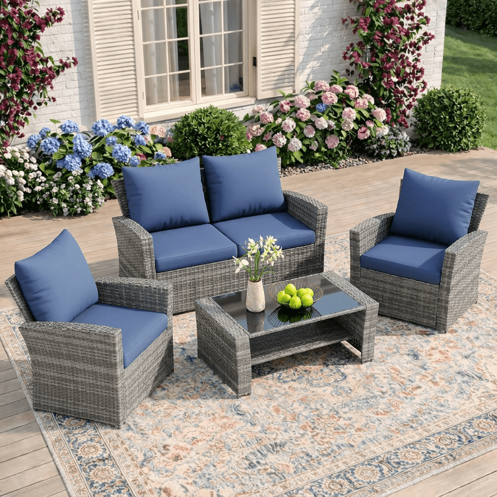 UDPATIO 4-Piece Wicker Patio Furniture Set, Outdoor Conversation Set with Loveseat, 2 Chairs and Glass Coffee Table (Blue, 4-Piece) iwfuv