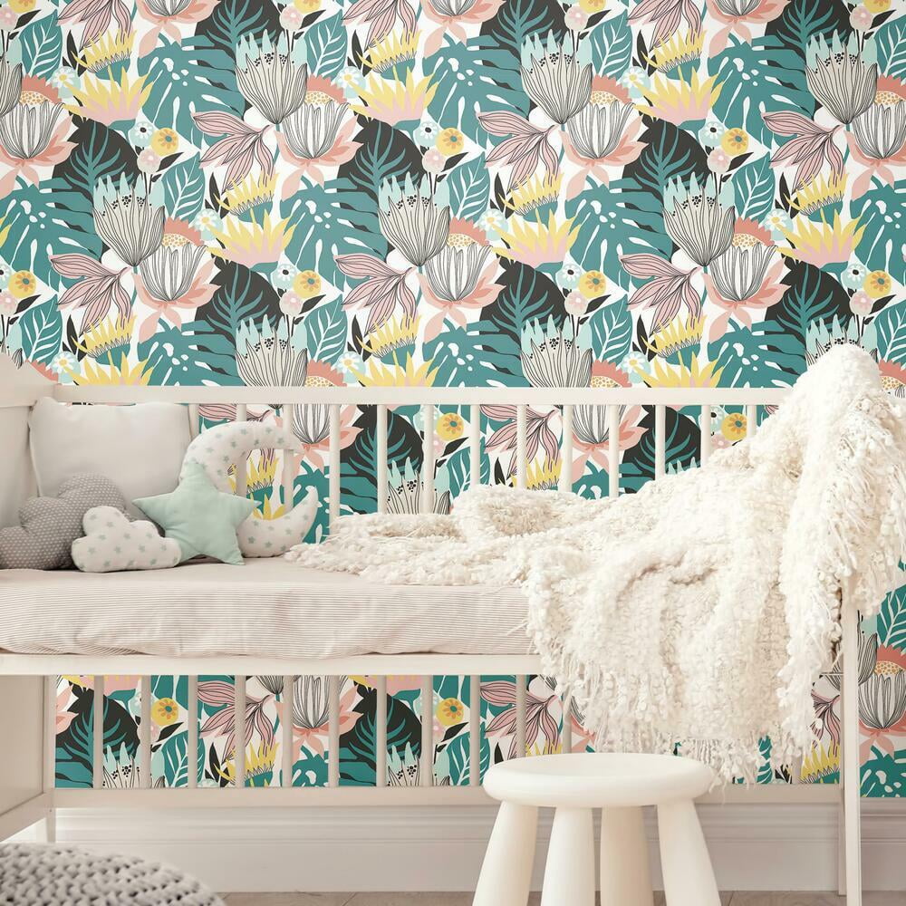 RoomMates Retro Tropical Leaves Peel and Stick Wallpaper (Pink, 20.5 in x 16.5 ft) jncuq