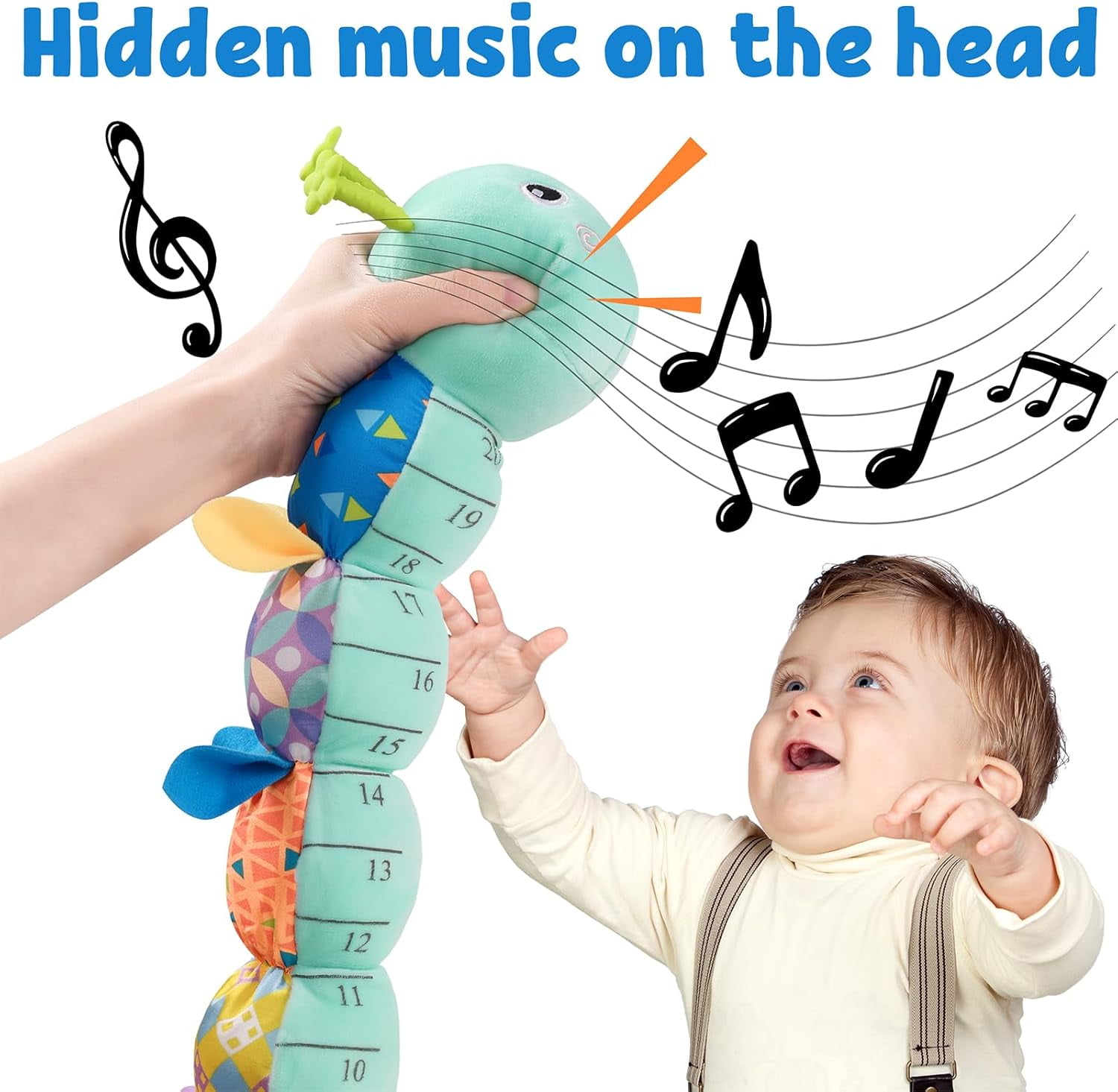 BTEPSGA Musical Caterpillar Sensory Plush Toy with Growth Ruler and Ring Bell (Blue, 20 in) rfujr