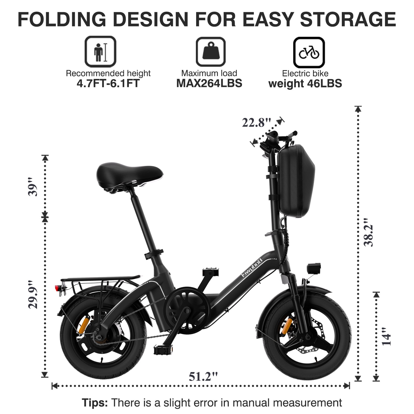 Bodywel Folding Electric Bicycle for Adults and Teens, 14 in Compact E-Bike with 500W Motor and 360Wh Battery (Black) ve9uh