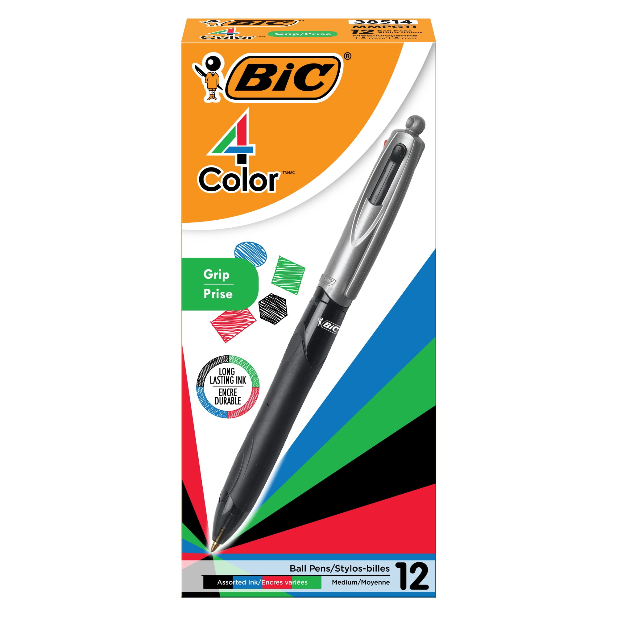 BIC 4-Color Grip Retractable Ball Pens, Medium Point (Multi-Color, 12-Count Pack) w24yr
