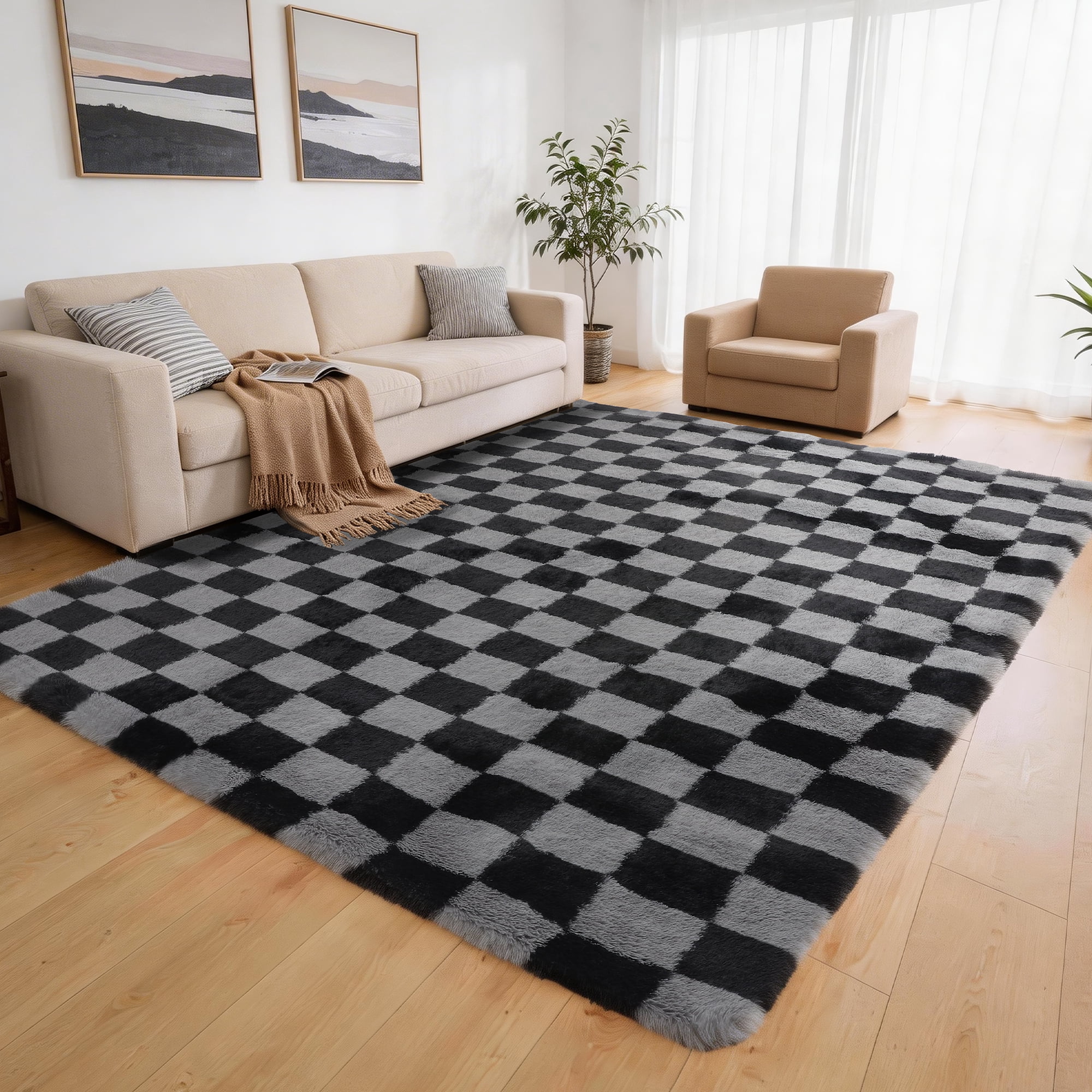 Cozydesg Shag Area Rug, Soft Fluffy Checkered Floor Carpet, Non-Slip Washable Rug for Living Room and Bedroom (Black & Grey, 5 ft x 8 ft) 1noe6