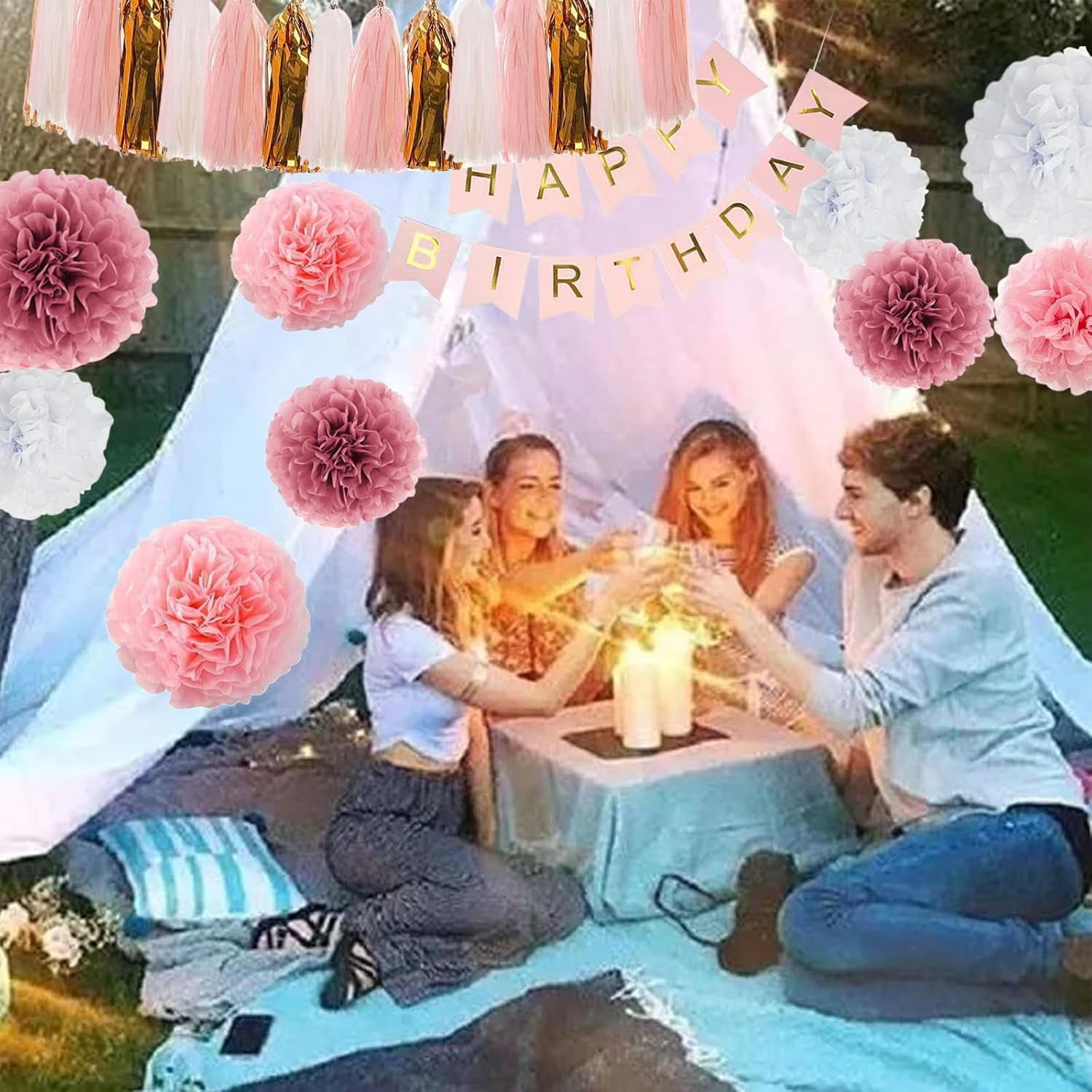 LeeHaven Birthday Party Decorations Set, Rose Gold Glittery Banner and Paper Garland Kit (Pink, 1 Set) 4cot3
