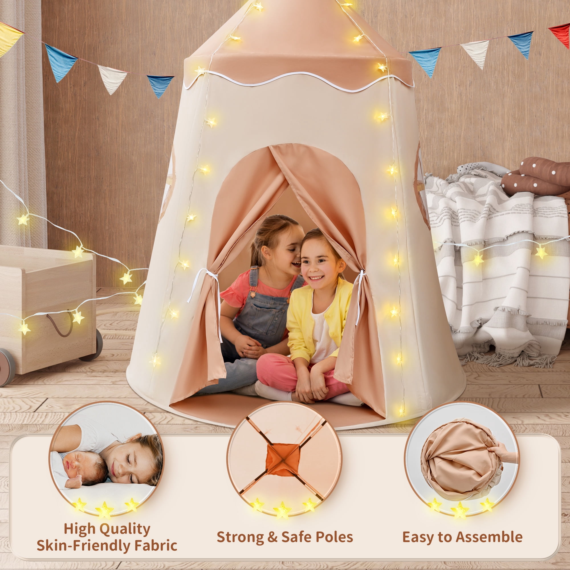 TOPFOX Pop Up Kids Play Tent Indoor Outdoor Playhouse with LED Lights (Yellow, 48 in x 48 in x 40 in) f0ysh