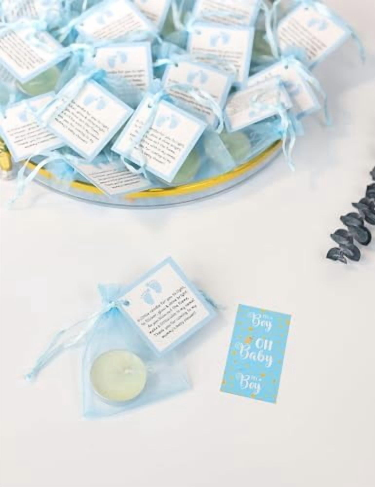 NIANAN Tea Light Candles Party Favor Set with Blessing Cards and Organza Bags (Blue, 50 Pack) vdun4