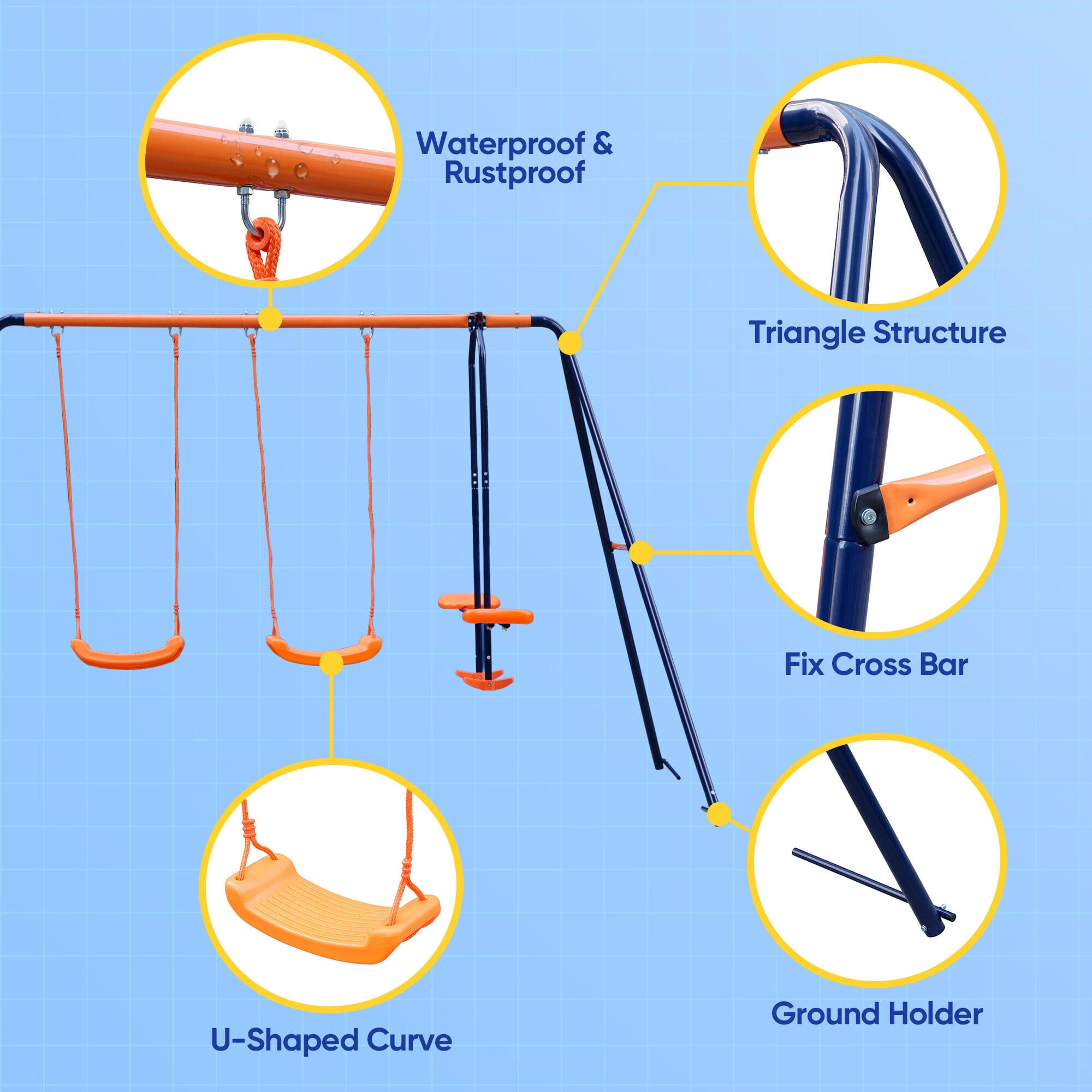 ZenSports Outdoor Kids Swing Set with 2 Seats and 1 Glider (Blue and Orange, 123 in x 61 in x 72.8 in) ga6nw