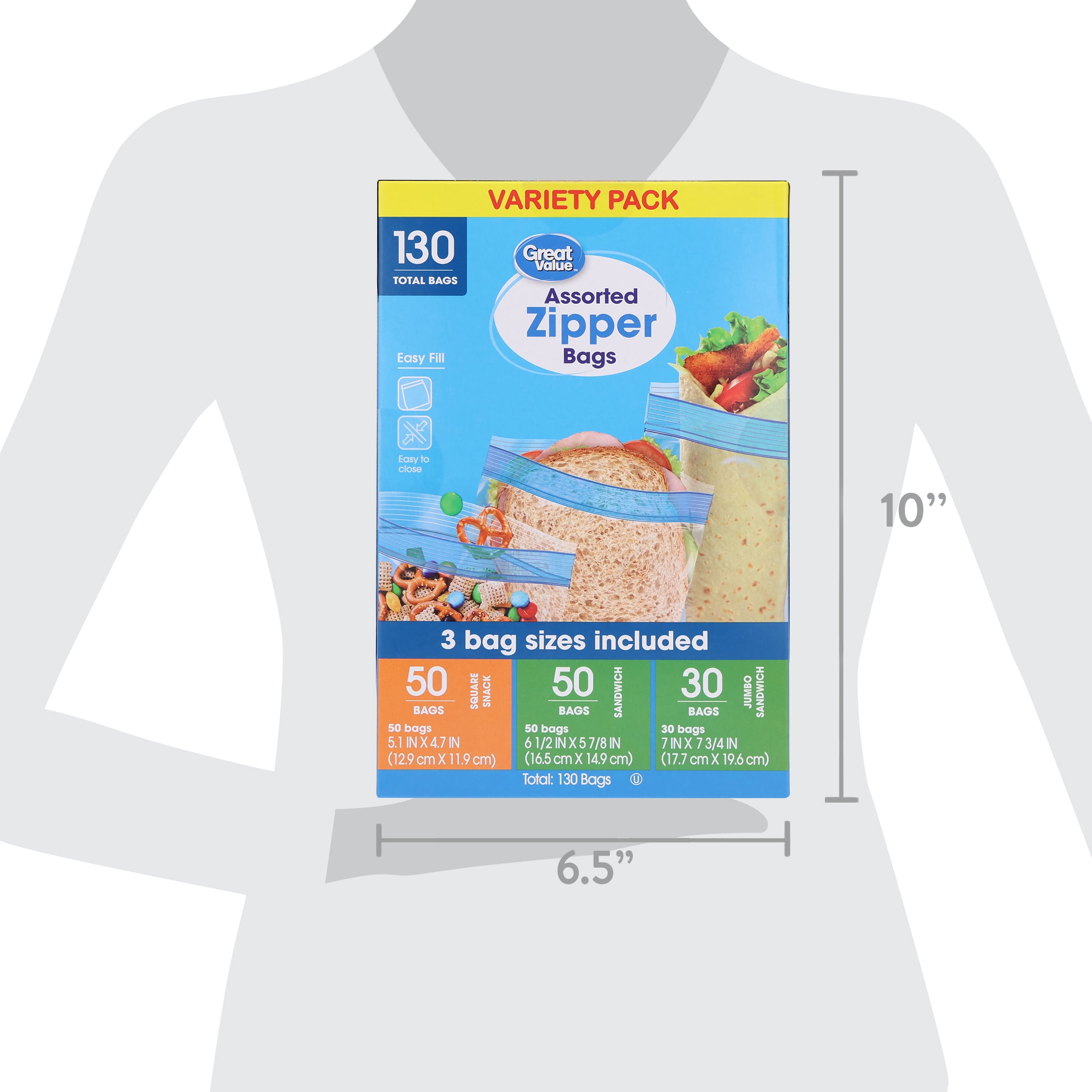 Great Value Zipper Food Storage Bags Variety Pack (Clear, 130 Count) 3zzbs