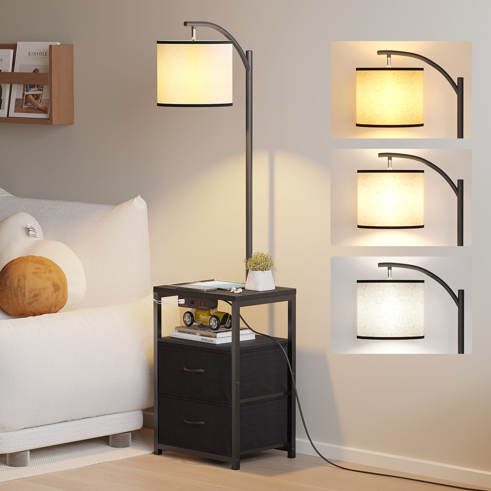 SUNMORY Floor Lamp with Side Table and 2 Drawers, Charging Station with USB Ports and Outlet, LED Bulb Included (Black) o1fik