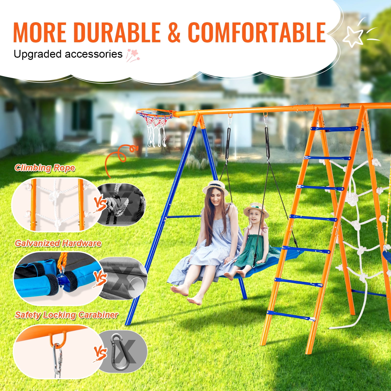 KFFKFF Outdoor Swing Set, 6-in-1 Playground Combo with Dual Swings, Trapeze, Ladder, Net, and Basketball Hoop (Orange, 440 lb) cwxiu