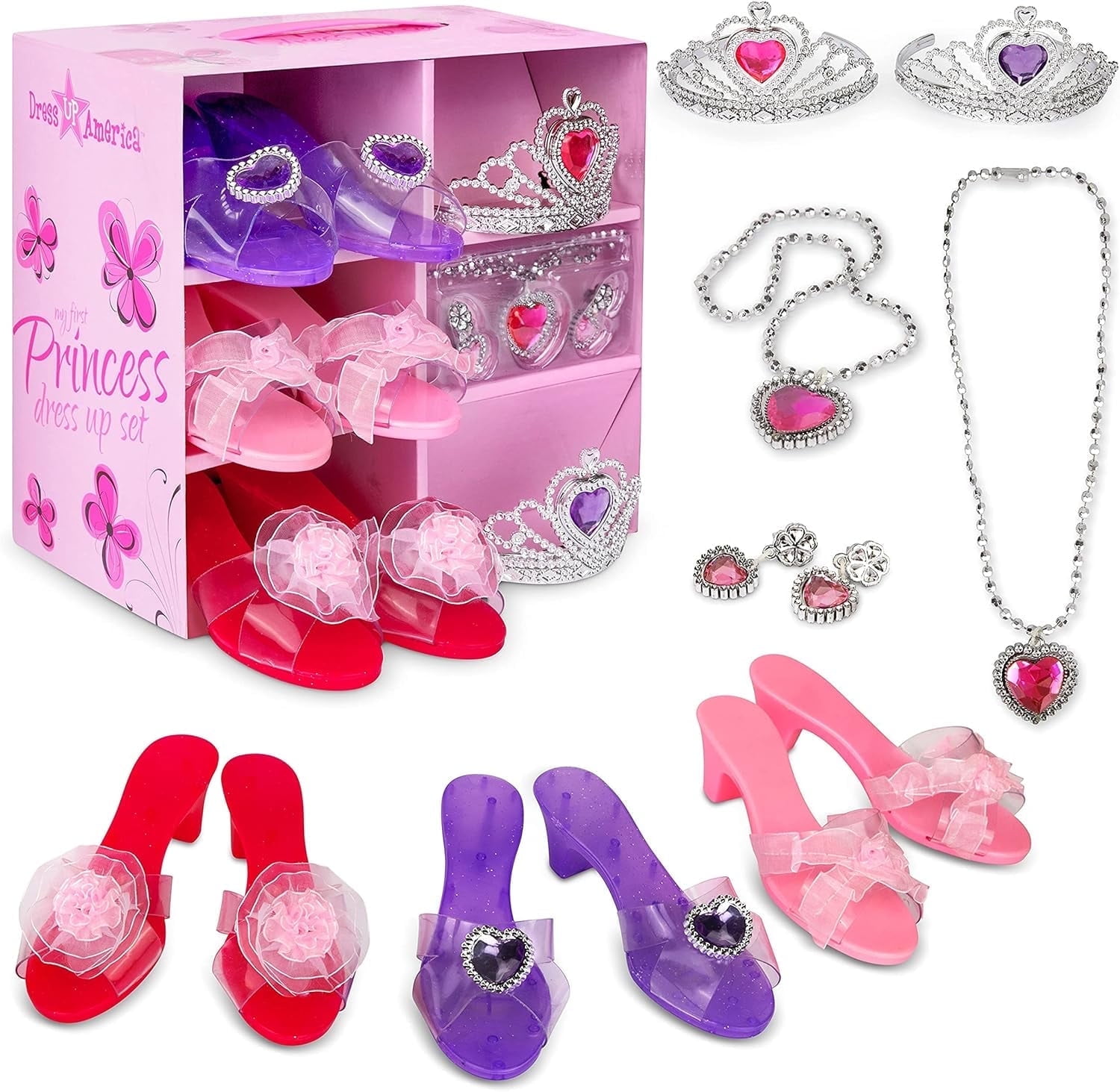 Dress Up America Princess Dress Up Set for Girls, Includes Play Shoes, Tiaras, and Jewelry (One Size) 4wco0