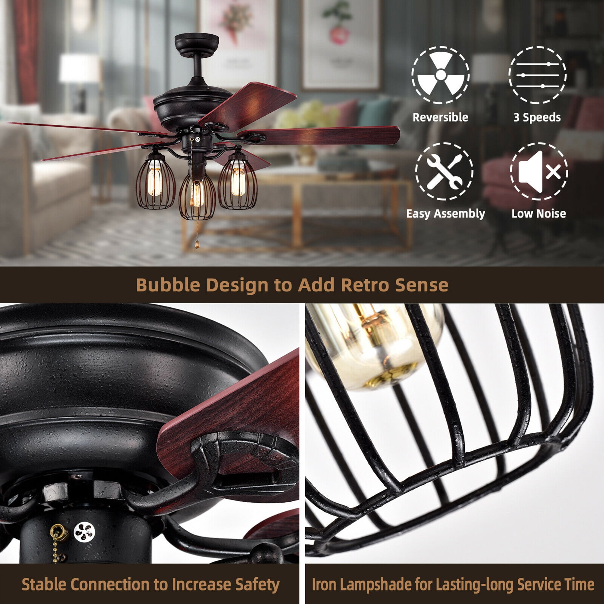 Gymax 52 in Ceiling Fan with Lights, 5 Reversible Blades, 3-Speed Retro Indoor Fan (52 in) 77604
