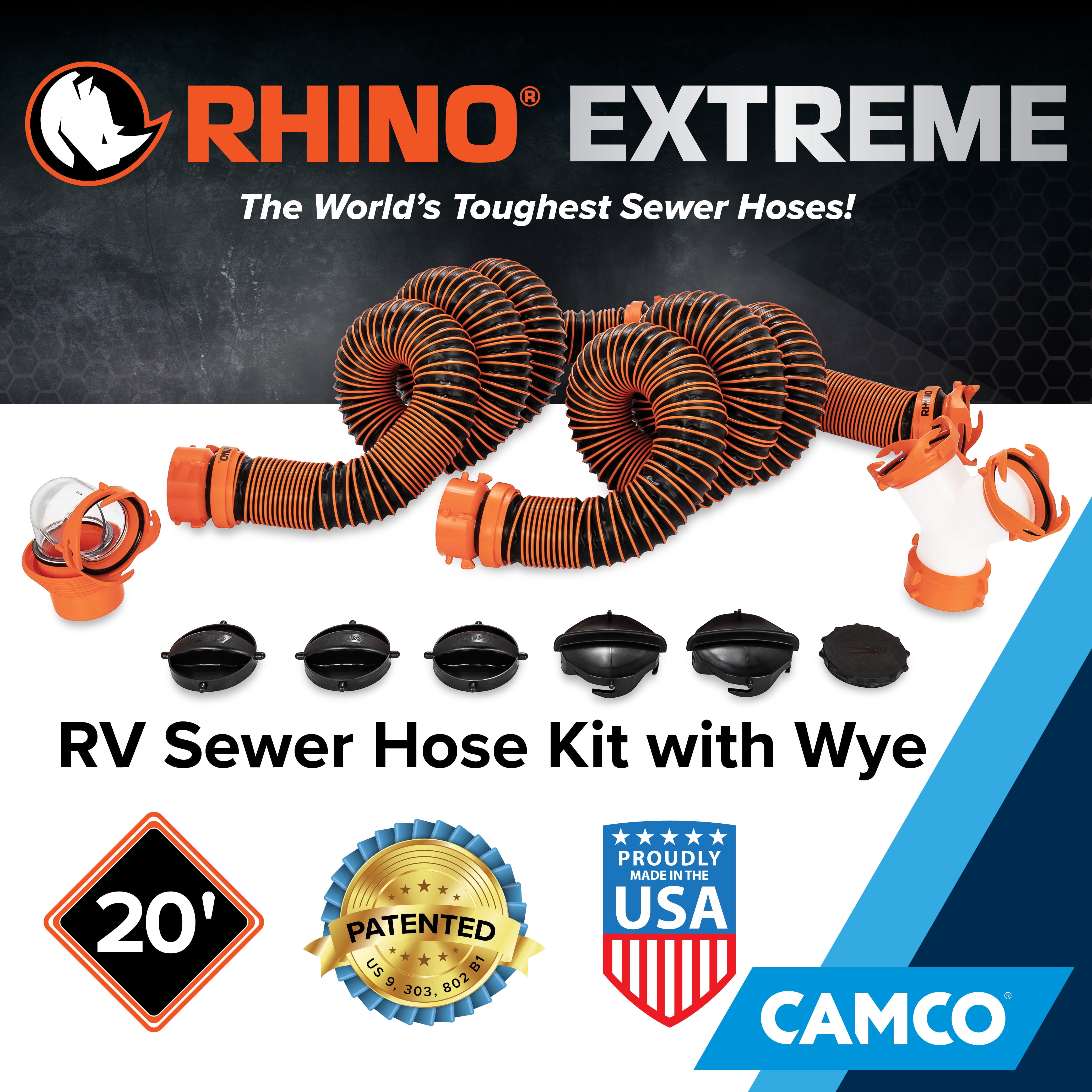 Camco RhinoEXTREME Sewer Hose Kit with 360 Degree Swivel Wye Fitting (Orange, 20 ft) idkz0