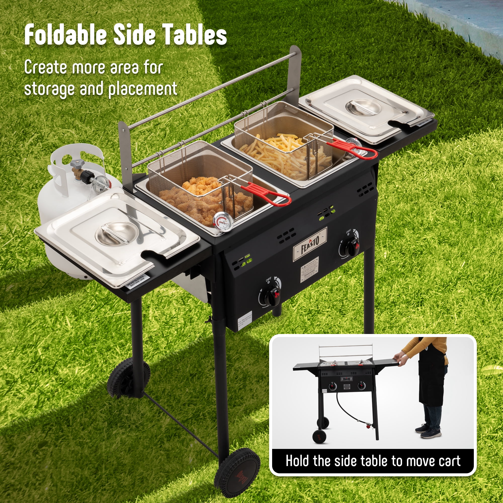 Feasto Dual Basket Propane Turkey Fryer, Outdoor Deep Fryer with Foldable Side Shelves (Black, 50,000 BTU) c0z51