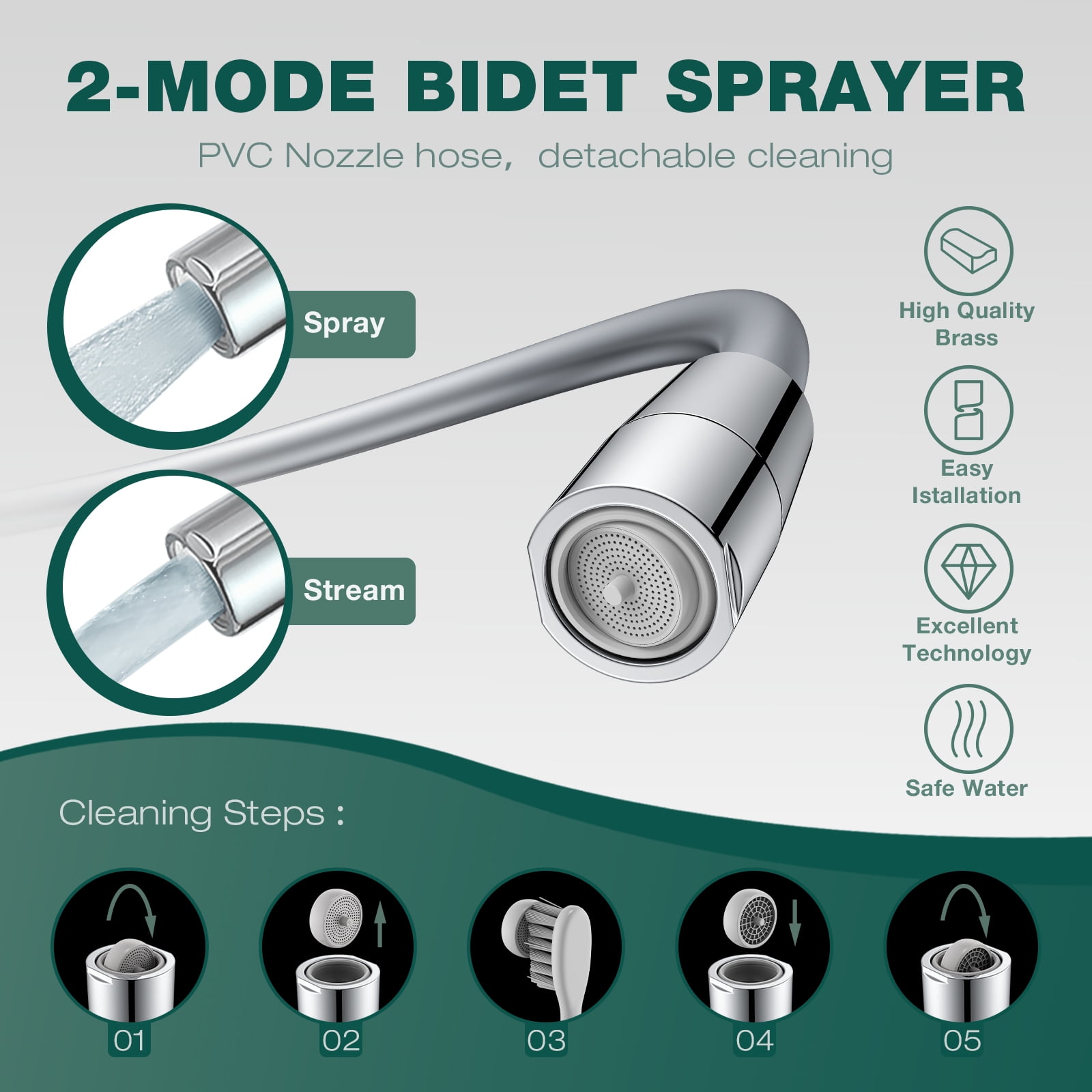 JASYA Shower Hand Hose with 2-Mode Bidet Nozzle, Flexible PVC Replacement Hose (Silver, 6 ft) vea66